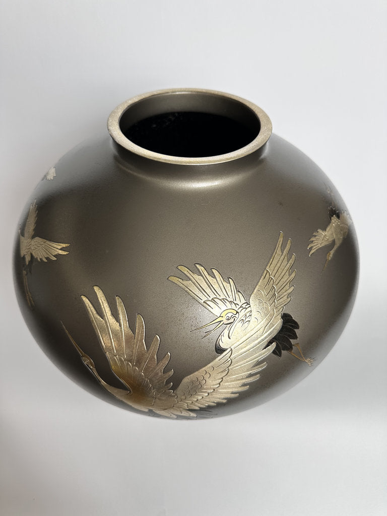 Pair Japanese Bronze Vases | Meiji–Taishō | Flying Cranes Gold Silver Zōgan