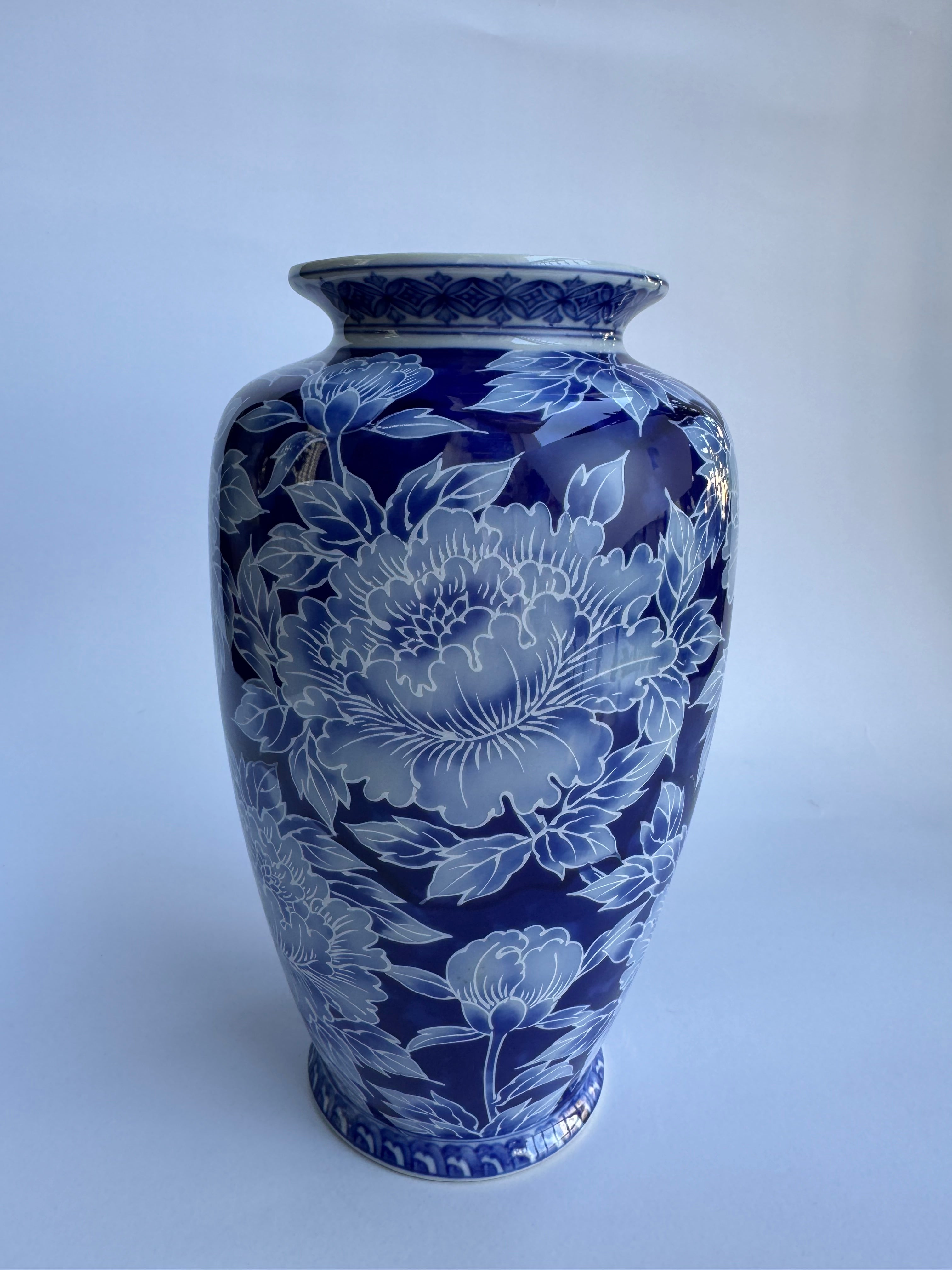 Arita Floral Vase | Blue & White Japanese Porcelain with Full-Body Peony Design
