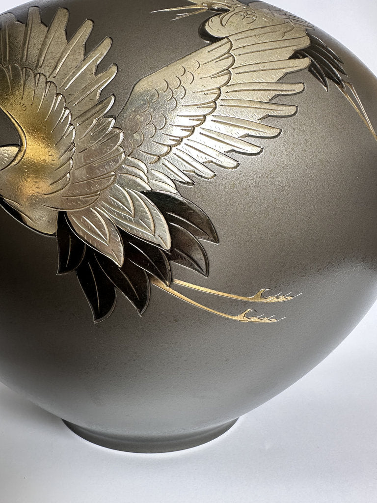 Pair Japanese Bronze Vases | Meiji–Taishō | Flying Cranes Gold Silver Zōgan