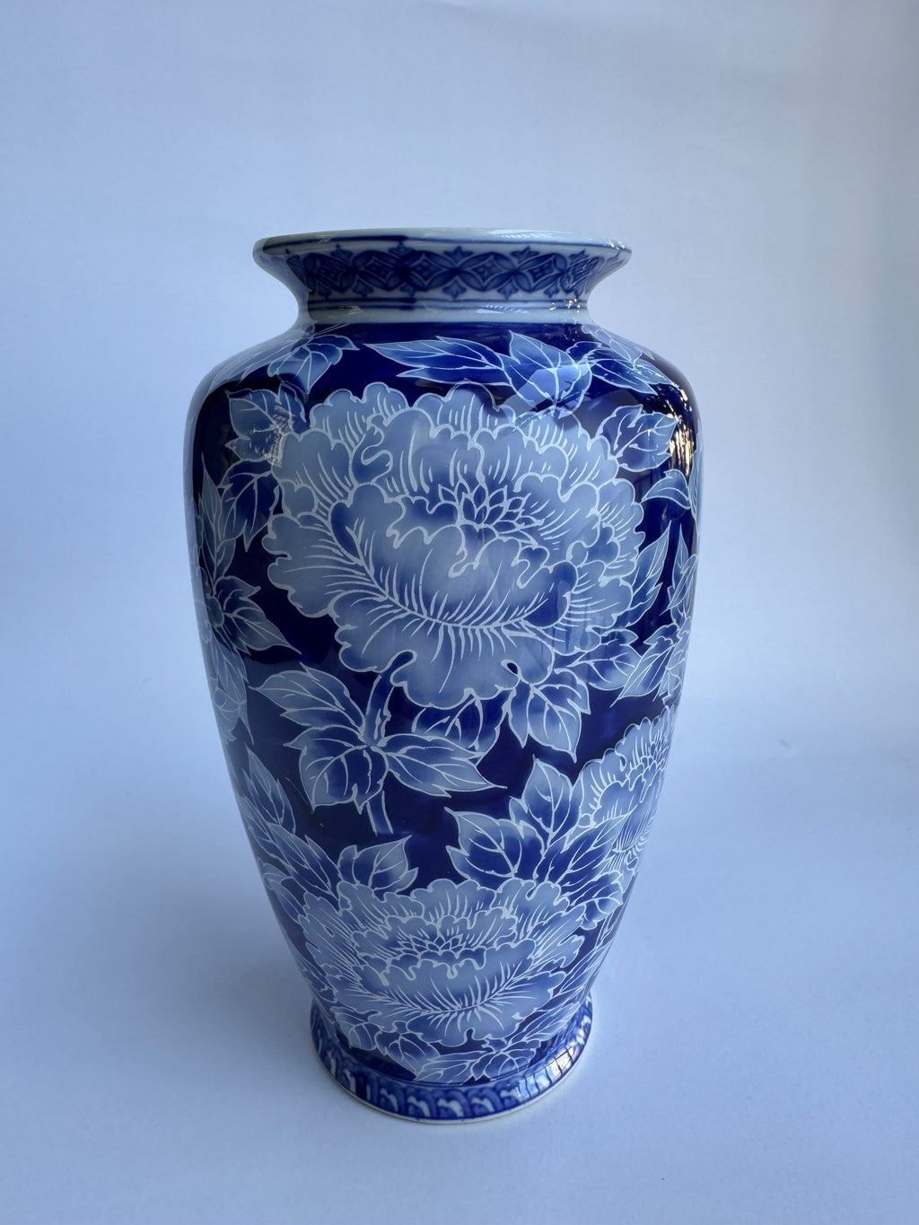 Arita Floral Vase | Blue & White Japanese Porcelain with Full-Body Peony Design