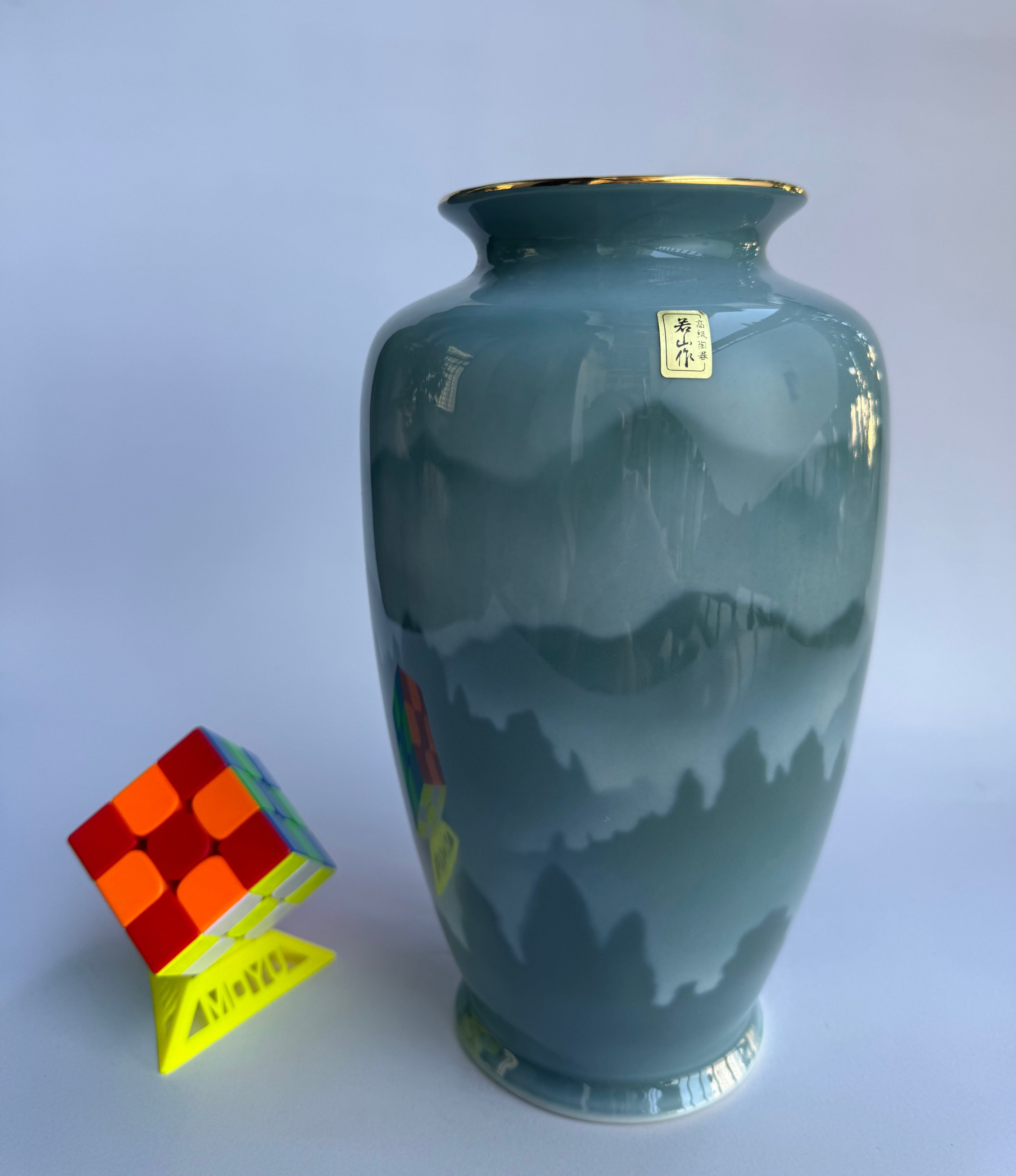Kutani Celadon Landscape Vase Pair | Japanese Seiji Green Glaze with Mountain Scenery