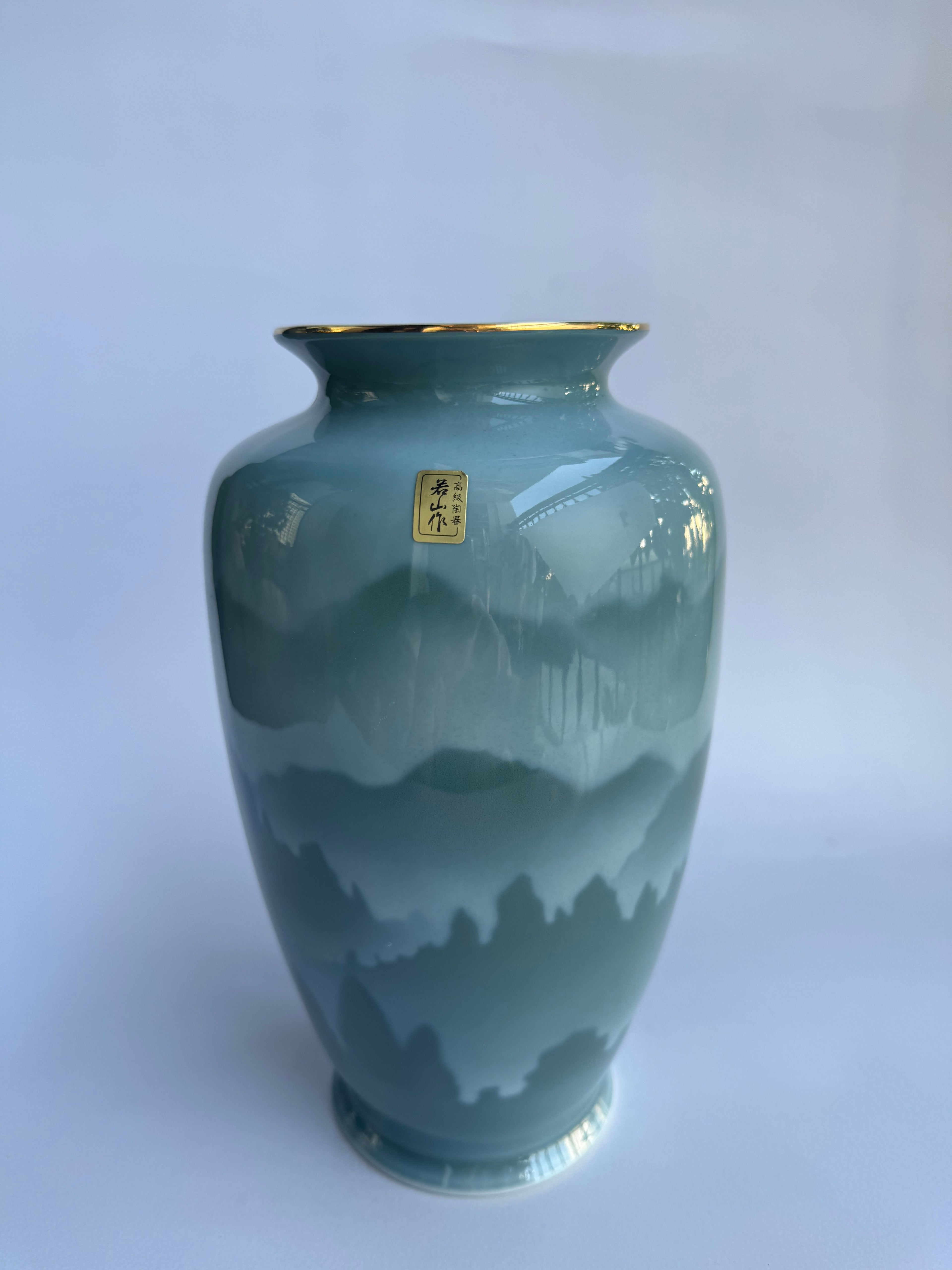 Kutani Celadon Landscape Vase Pair | Japanese Seiji Green Glaze with Mountain Scenery