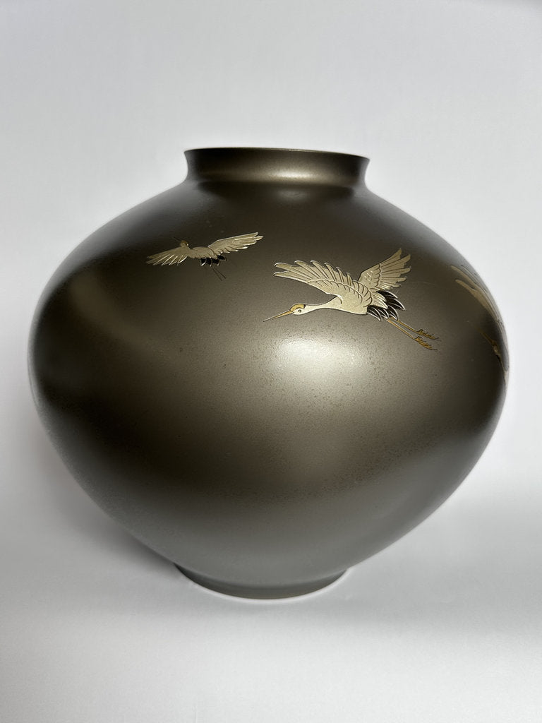 Pair Japanese Bronze Vases | Meiji–Taishō | Flying Cranes Gold Silver Zōgan