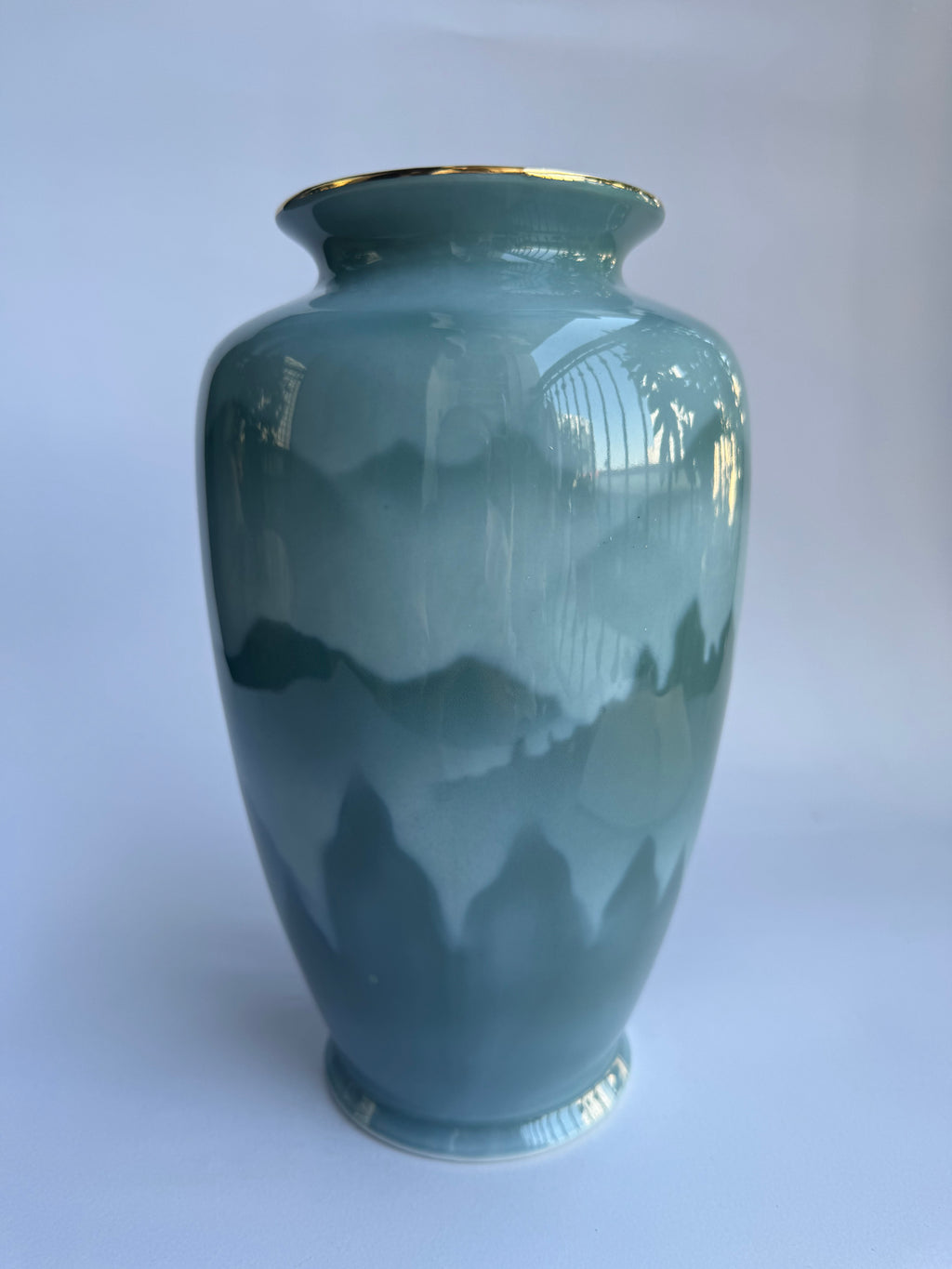 Kutani Celadon Landscape Vase Pair | Japanese Seiji Green Glaze with Mountain Scenery