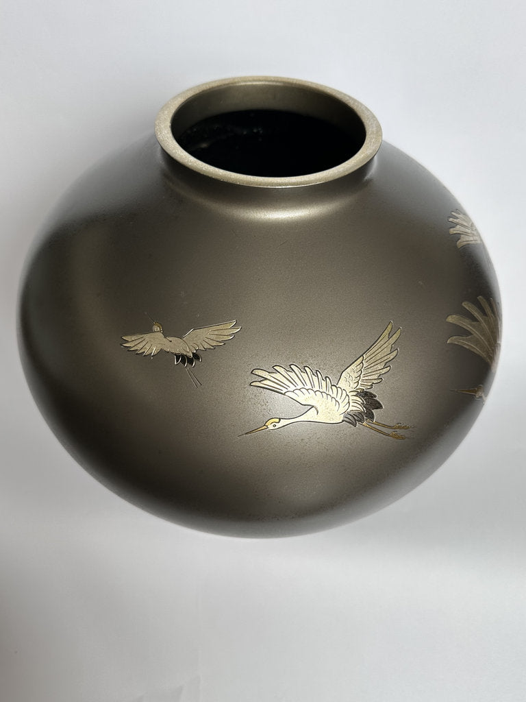 Pair Japanese Bronze Vases | Meiji–Taishō | Flying Cranes Gold Silver Zōgan