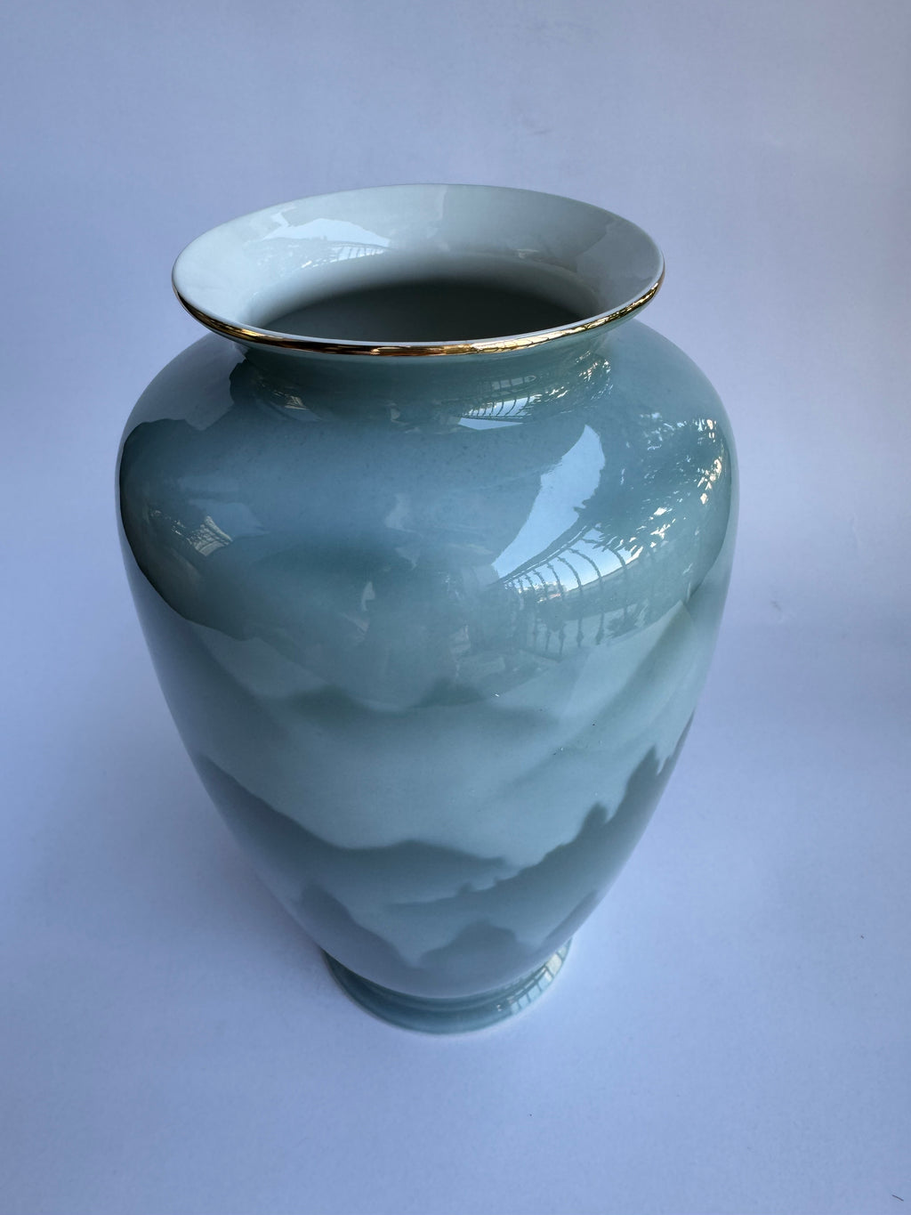 Kutani Celadon Landscape Vase Pair | Japanese Seiji Green Glaze with Mountain Scenery