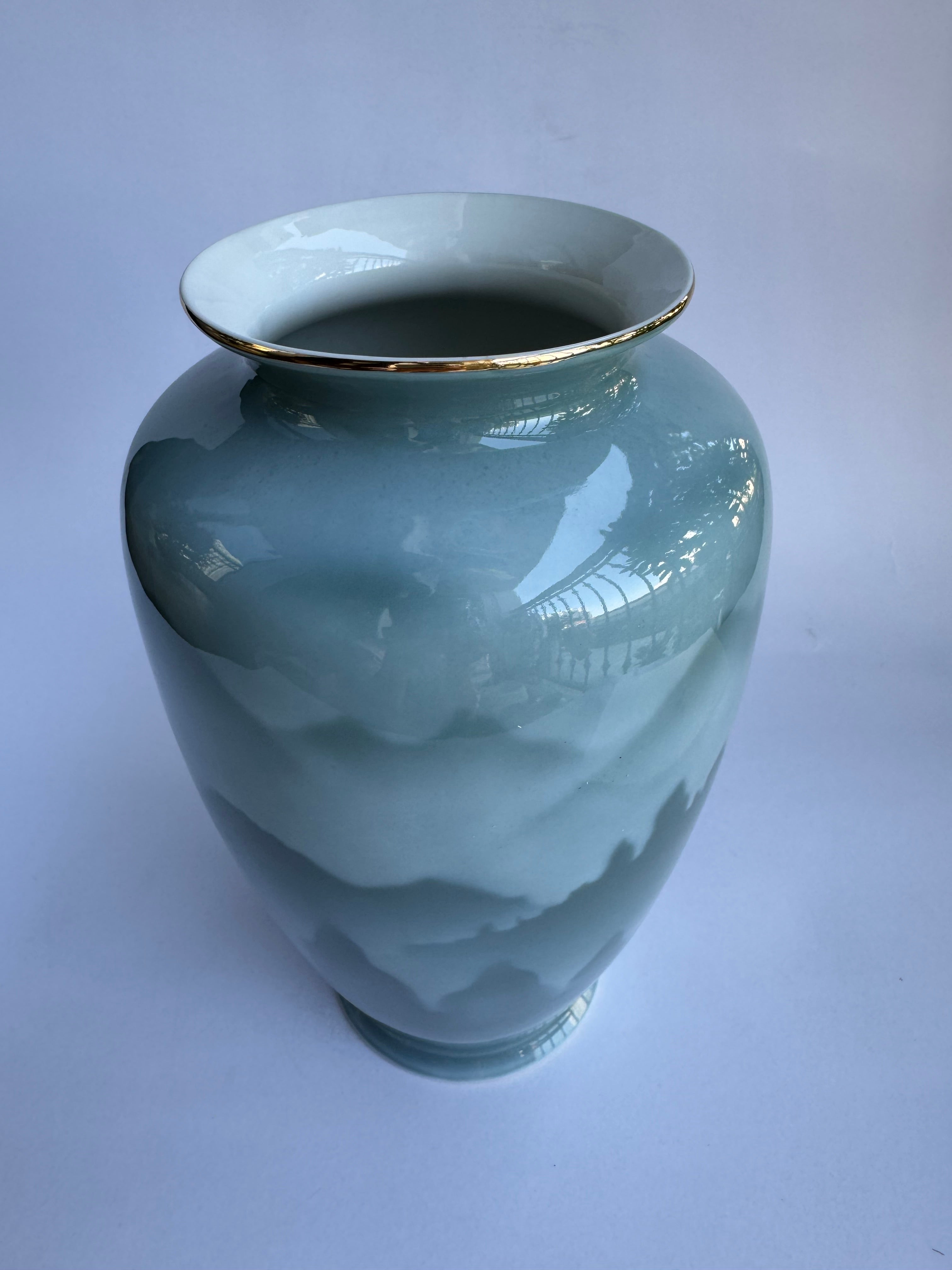Kutani Celadon Landscape Vase Pair | Japanese Seiji Green Glaze with Mountain Scenery