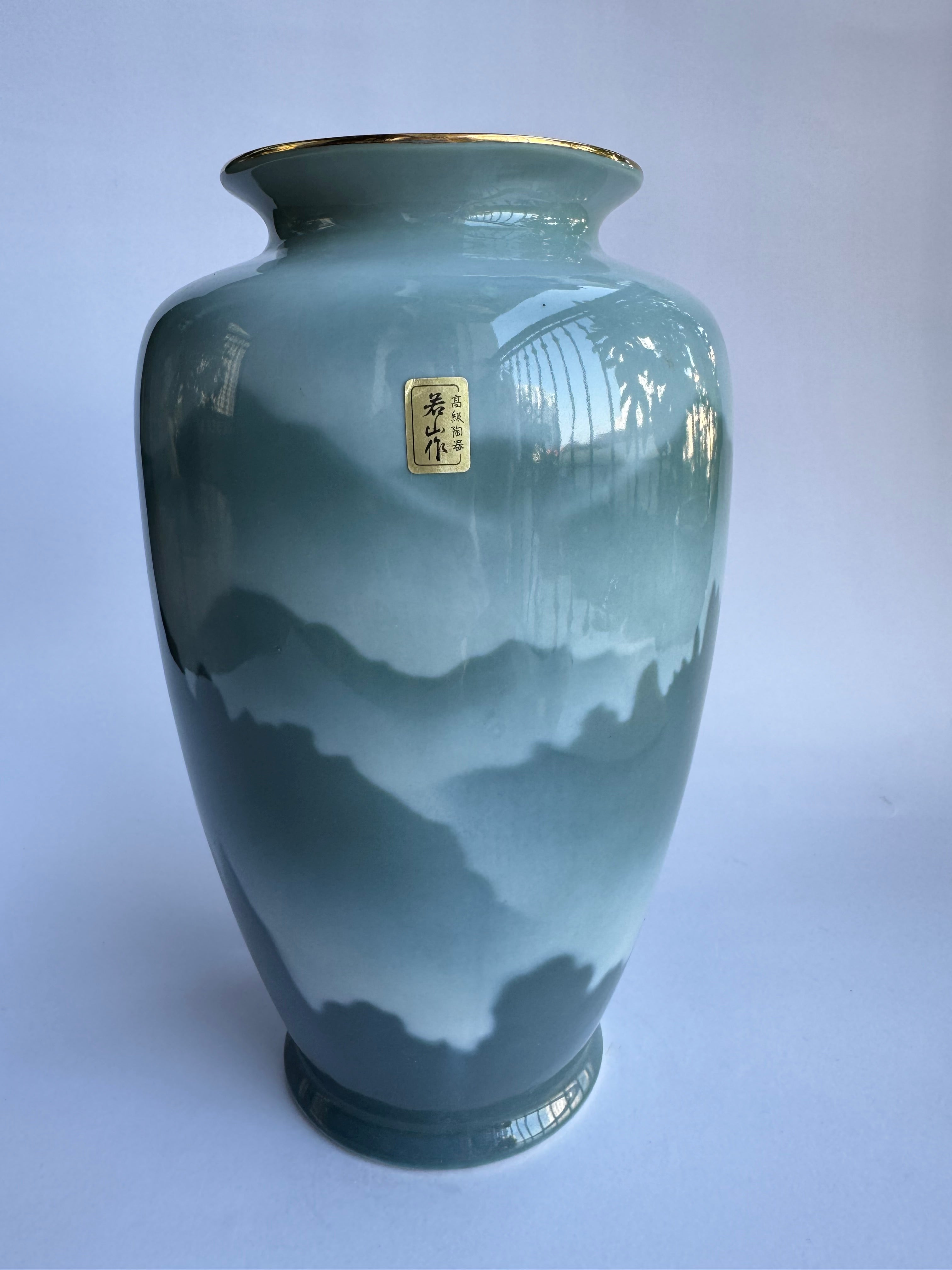 Kutani Celadon Landscape Vase Pair | Japanese Seiji Green Glaze with Mountain Scenery