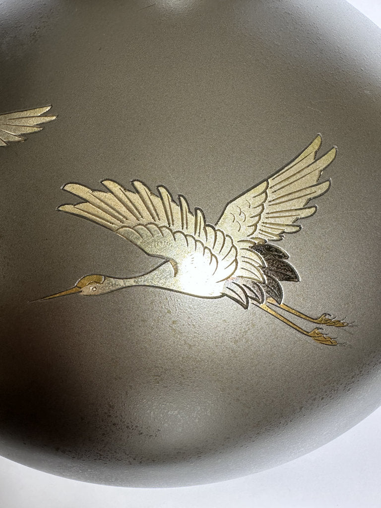 Pair Japanese Bronze Vases | Meiji–Taishō | Flying Cranes Gold Silver Zōgan
