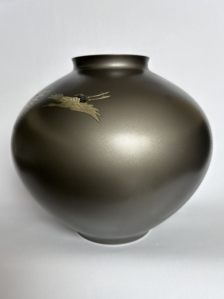 Pair Japanese Bronze Vases | Meiji–Taishō | Flying Cranes Gold Silver Zōgan