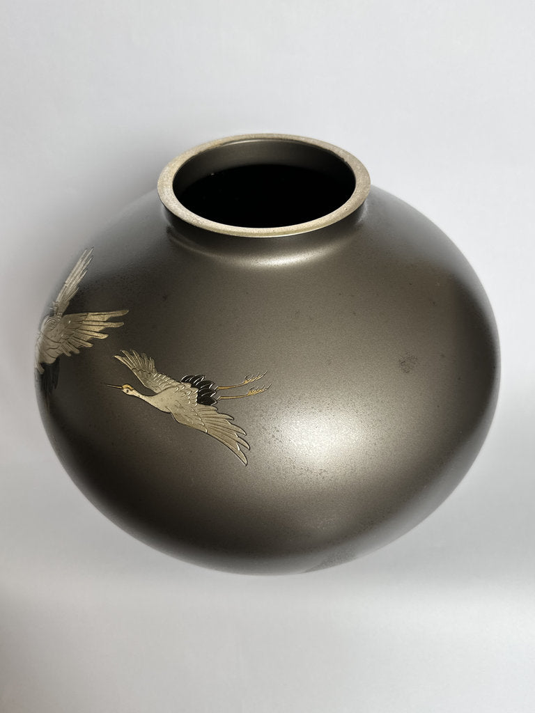 Pair Japanese Bronze Vases | Meiji–Taishō | Flying Cranes Gold Silver Zōgan