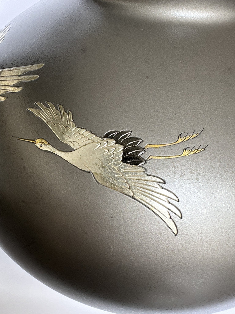 Pair Japanese Bronze Vases | Meiji–Taishō | Flying Cranes Gold Silver Zōgan