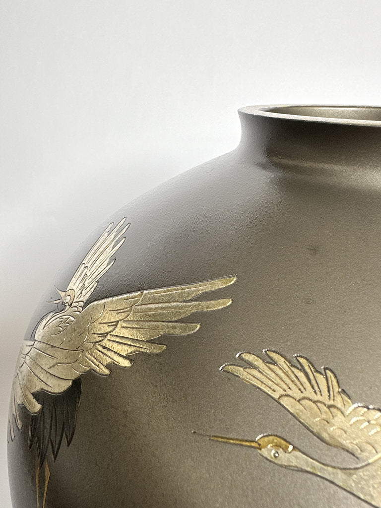 Pair Japanese Bronze Vases | Meiji–Taishō | Flying Cranes Gold Silver Zōgan