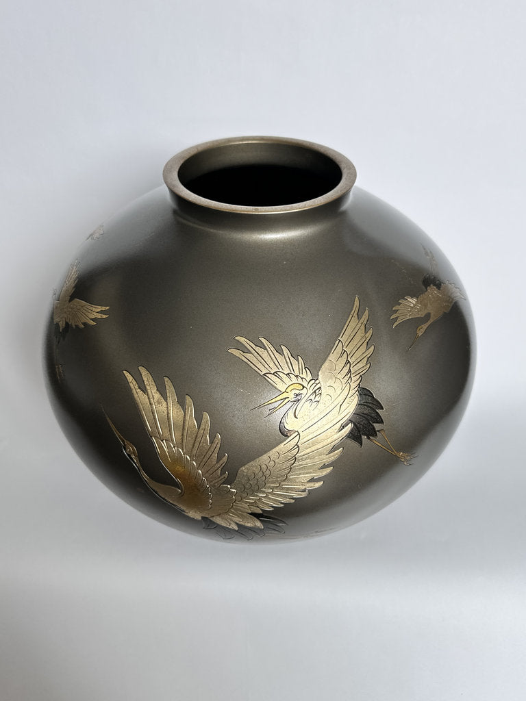 Pair Japanese Bronze Vases | Meiji–Taishō | Flying Cranes Gold Silver Zōgan