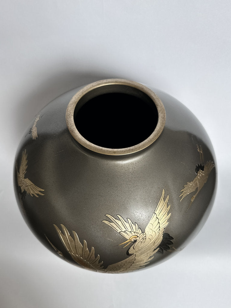 Pair Japanese Bronze Vases | Meiji–Taishō | Flying Cranes Gold Silver Zōgan