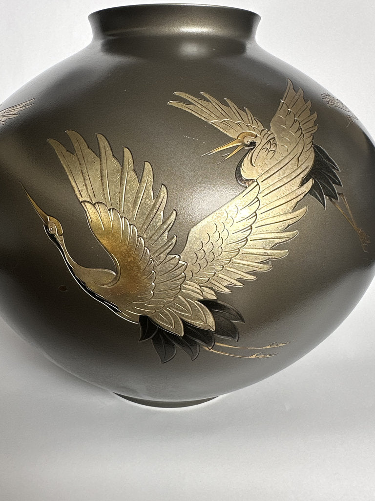 Pair Japanese Bronze Vases | Meiji–Taishō | Flying Cranes Gold Silver Zōgan