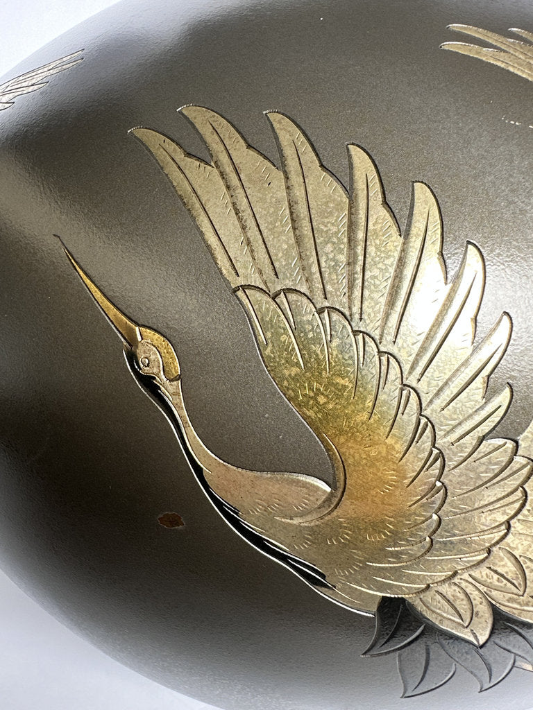 Pair Japanese Bronze Vases | Meiji–Taishō | Flying Cranes Gold Silver Zōgan