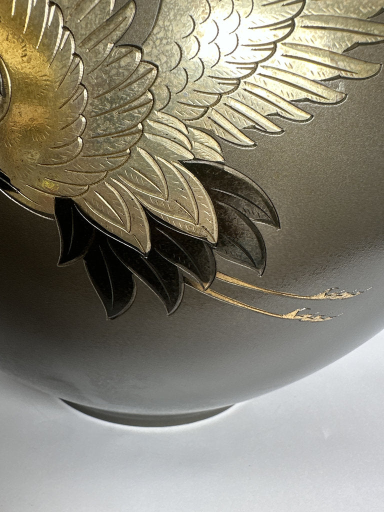 Pair Japanese Bronze Vases | Meiji–Taishō | Flying Cranes Gold Silver Zōgan