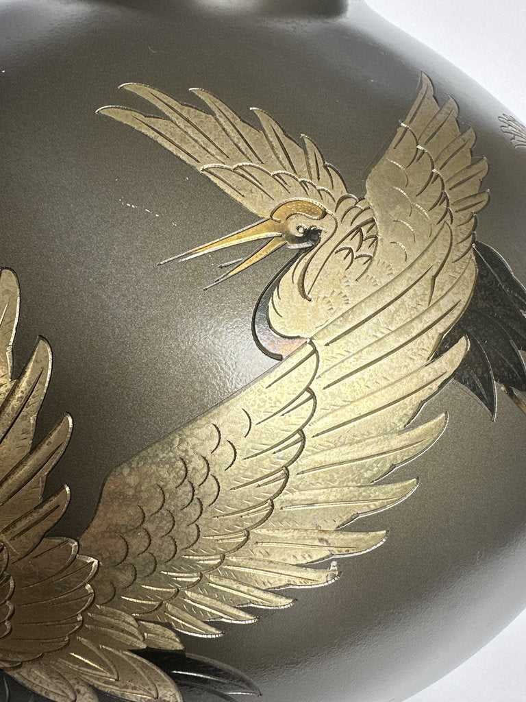 Pair Japanese Bronze Vases | Meiji–Taishō | Flying Cranes Gold Silver Zōgan