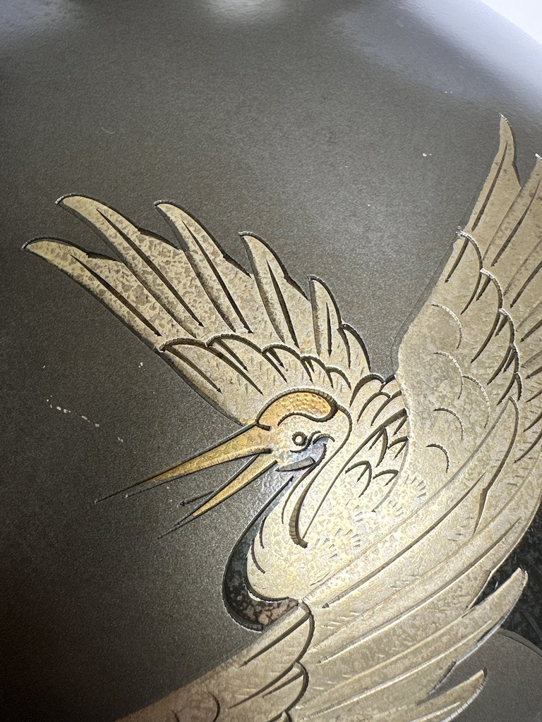 Pair Japanese Bronze Vases | Meiji–Taishō | Flying Cranes Gold Silver Zōgan