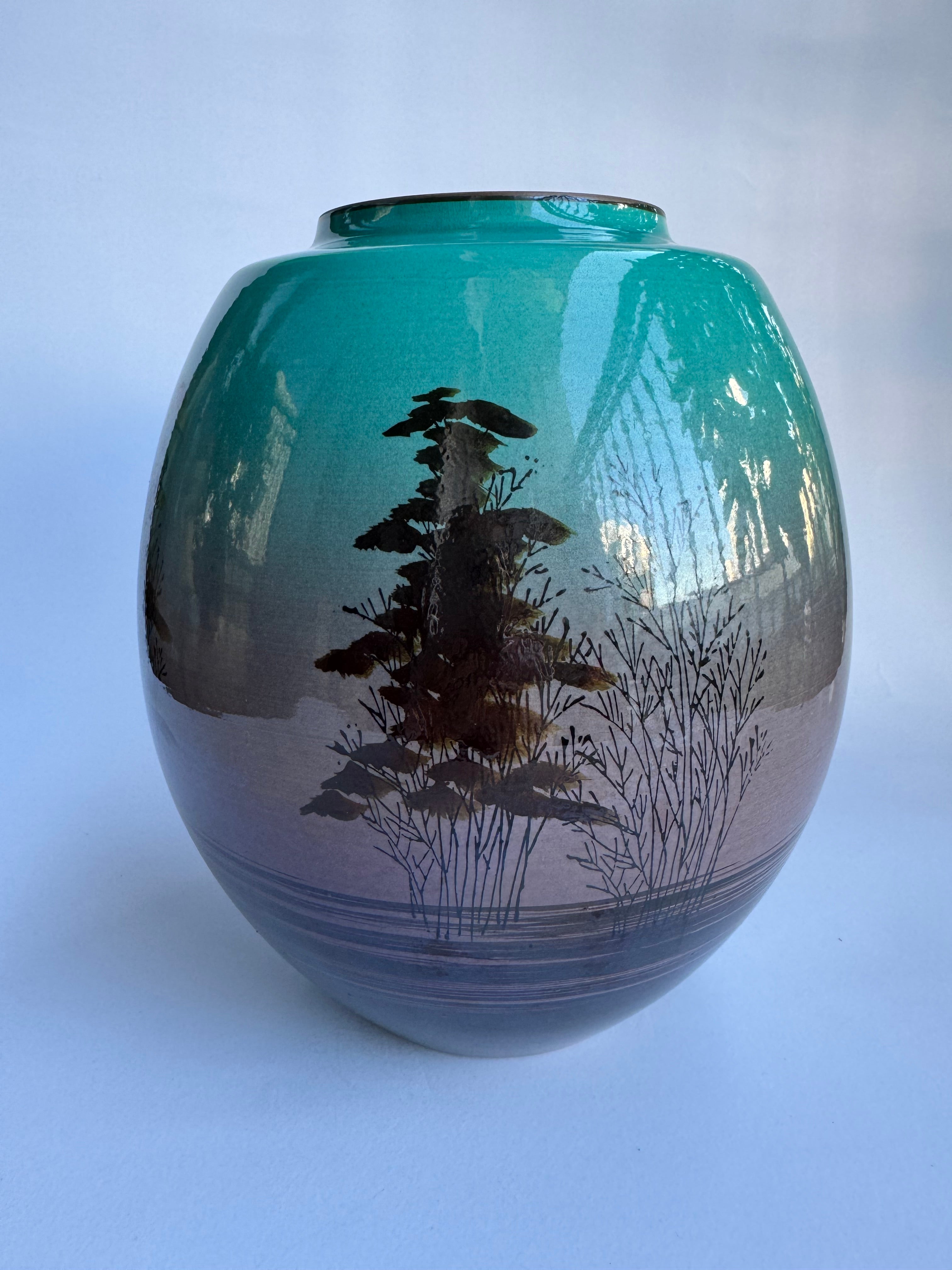 Vase – Green-Purple Glaze with Hand-Painted Landscape