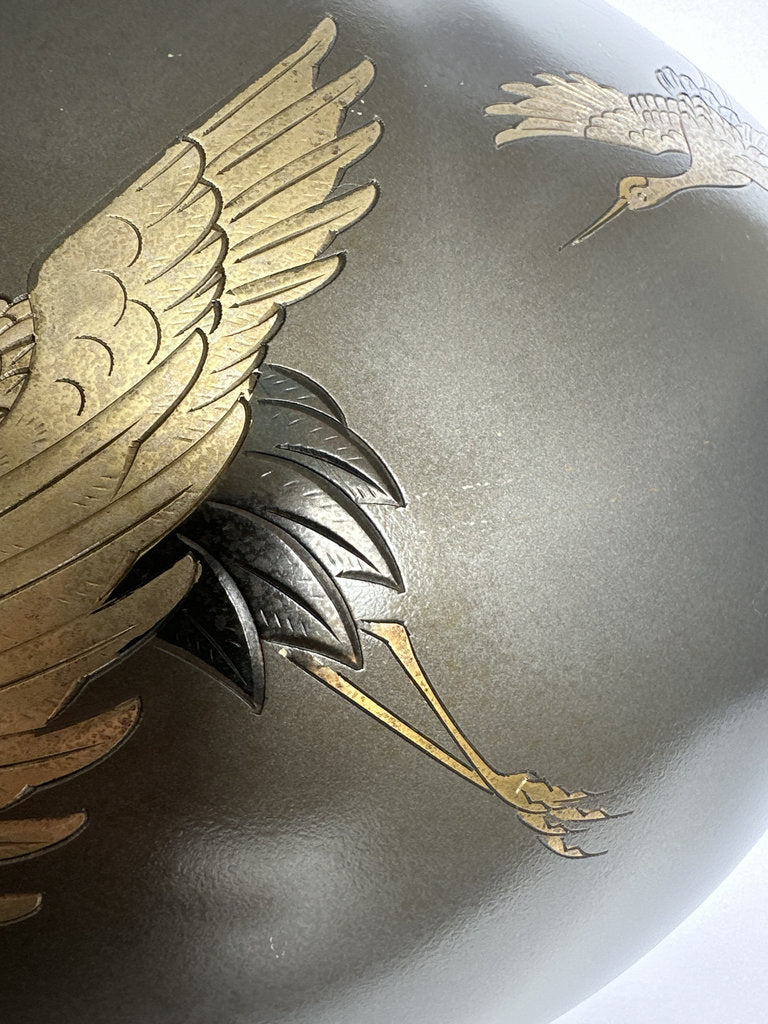 Pair Japanese Bronze Vases | Meiji–Taishō | Flying Cranes Gold Silver Zōgan