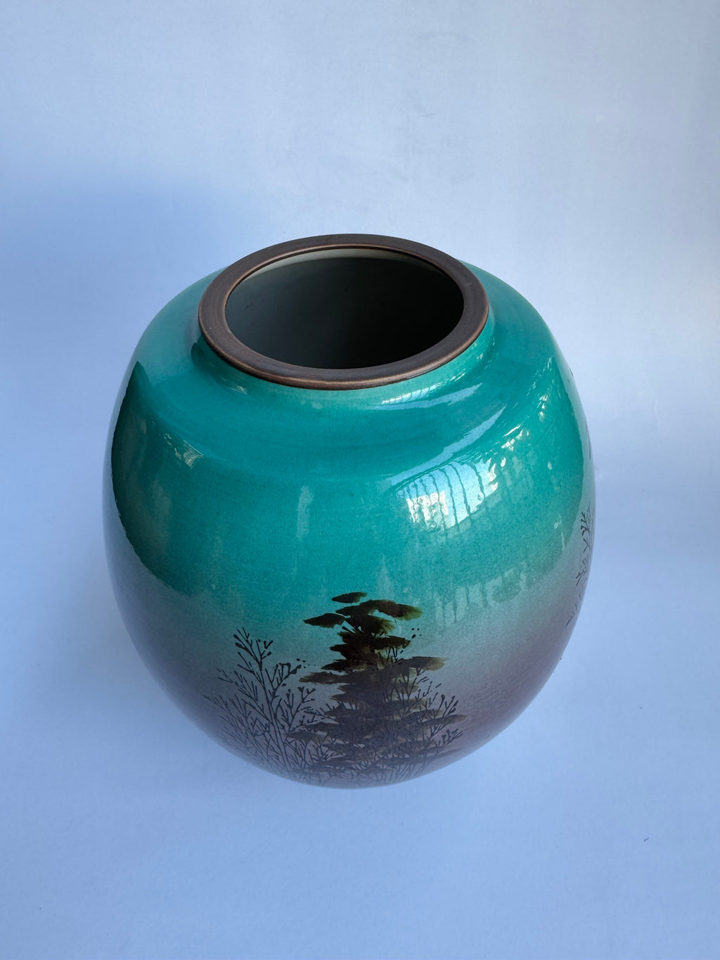 Kutani Vase – Green-Purple Glaze with Hand-Painted Landscape | Vintage Japanese Art Pottery