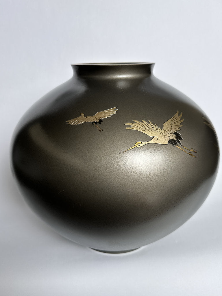 Pair Japanese Bronze Vases | Meiji–Taishō | Flying Cranes Gold Silver Zōgan