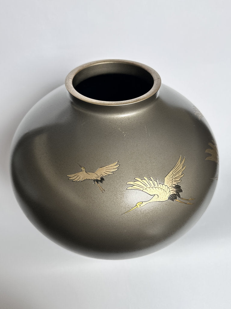 Pair Japanese Bronze Vases | Meiji–Taishō | Flying Cranes Gold Silver Zōgan