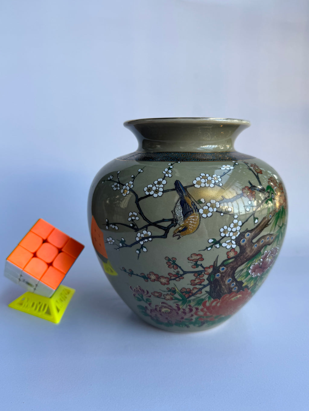 Kutani Brown Glaze Vase with White Plum Blossoms | Vintage Japanese Hand-Painted Art