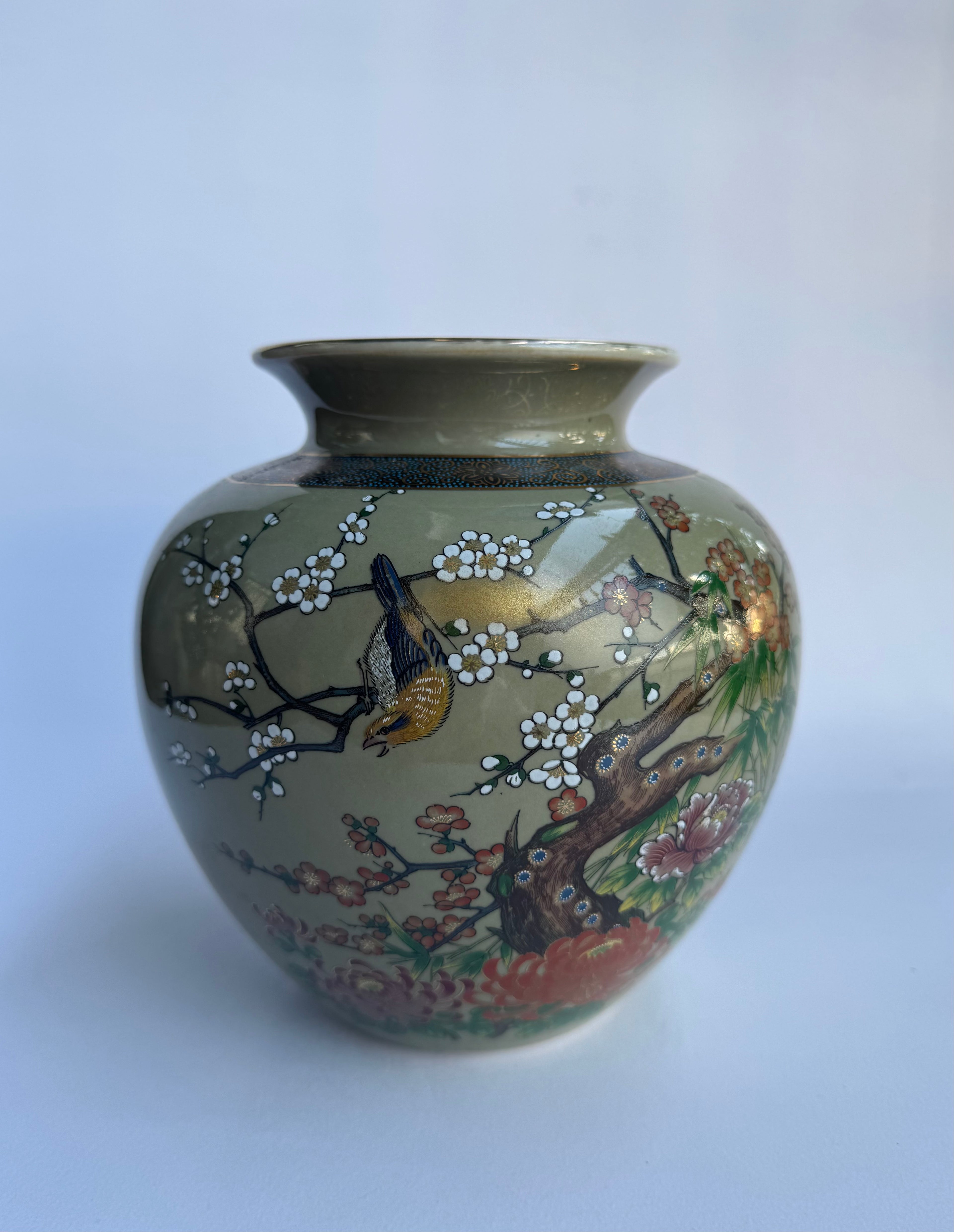 Kutani Brown Glaze Vase with White Plum Blossoms | Vintage Japanese Hand-Painted Art
