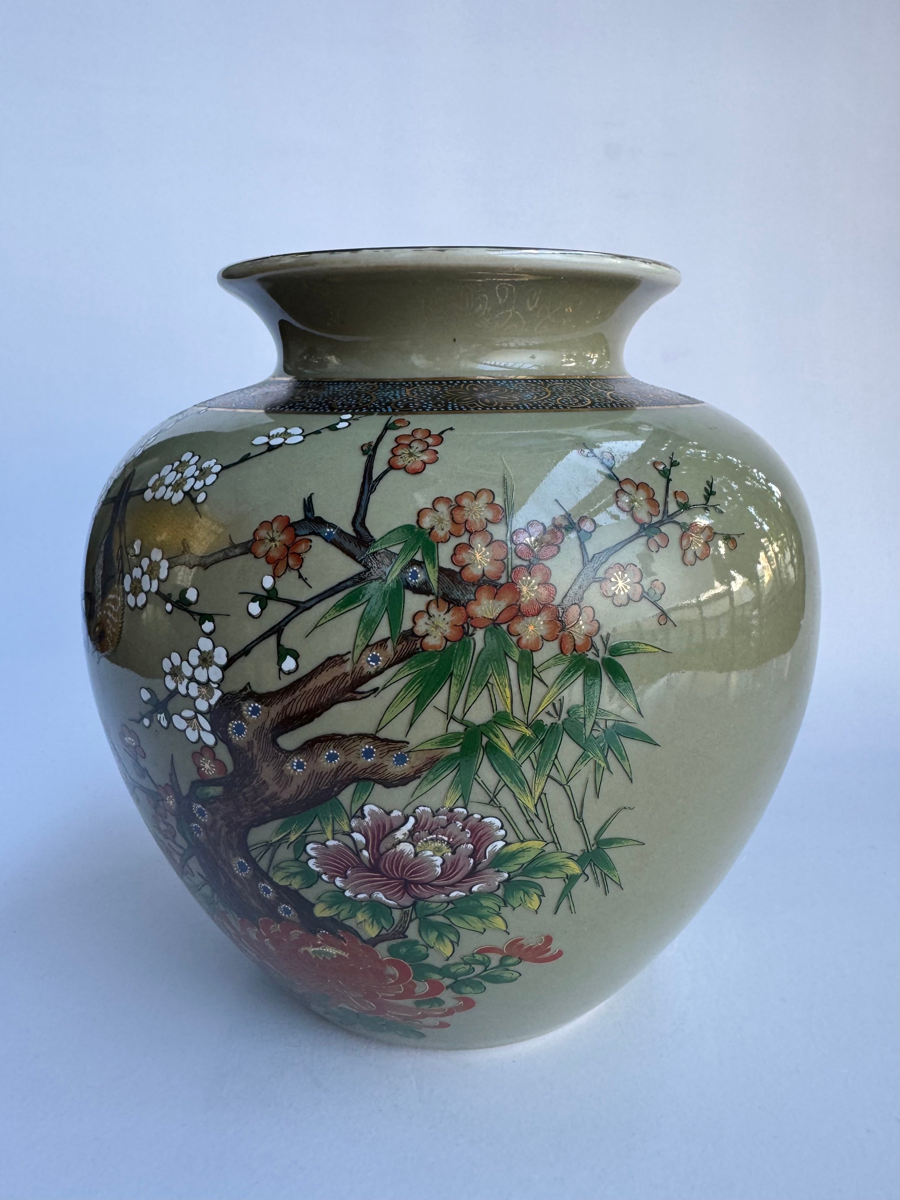 Kutani Brown Glaze Vase with White Plum Blossoms | Vintage Japanese Hand-Painted Art