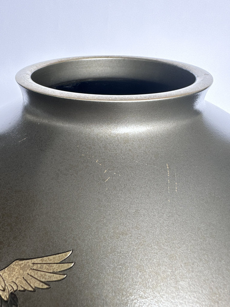 Pair Japanese Bronze Vases | Meiji–Taishō | Flying Cranes Gold Silver Zōgan