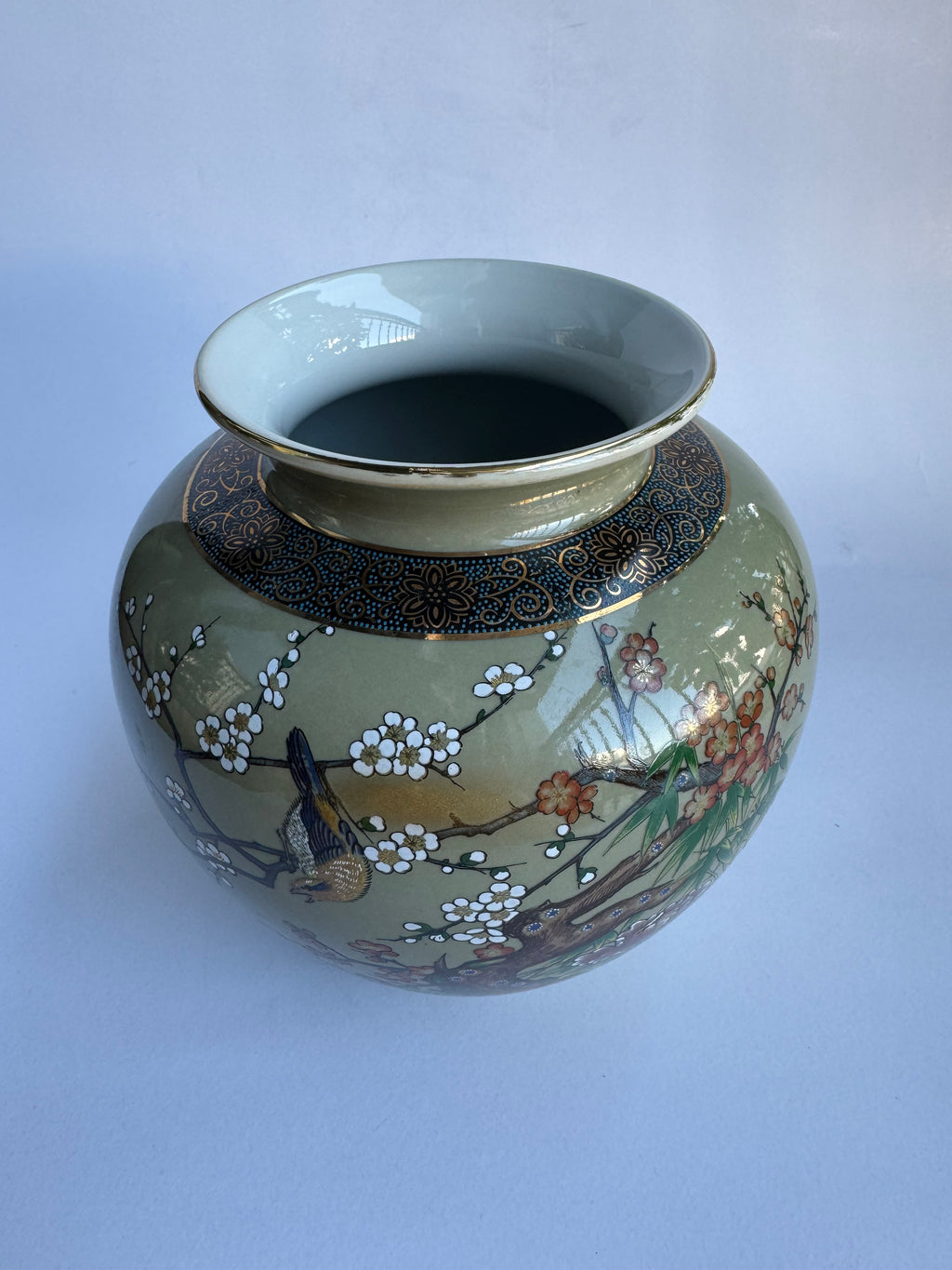 Kutani Brown Glaze Vase with White Plum Blossoms | Vintage Japanese Hand-Painted Art