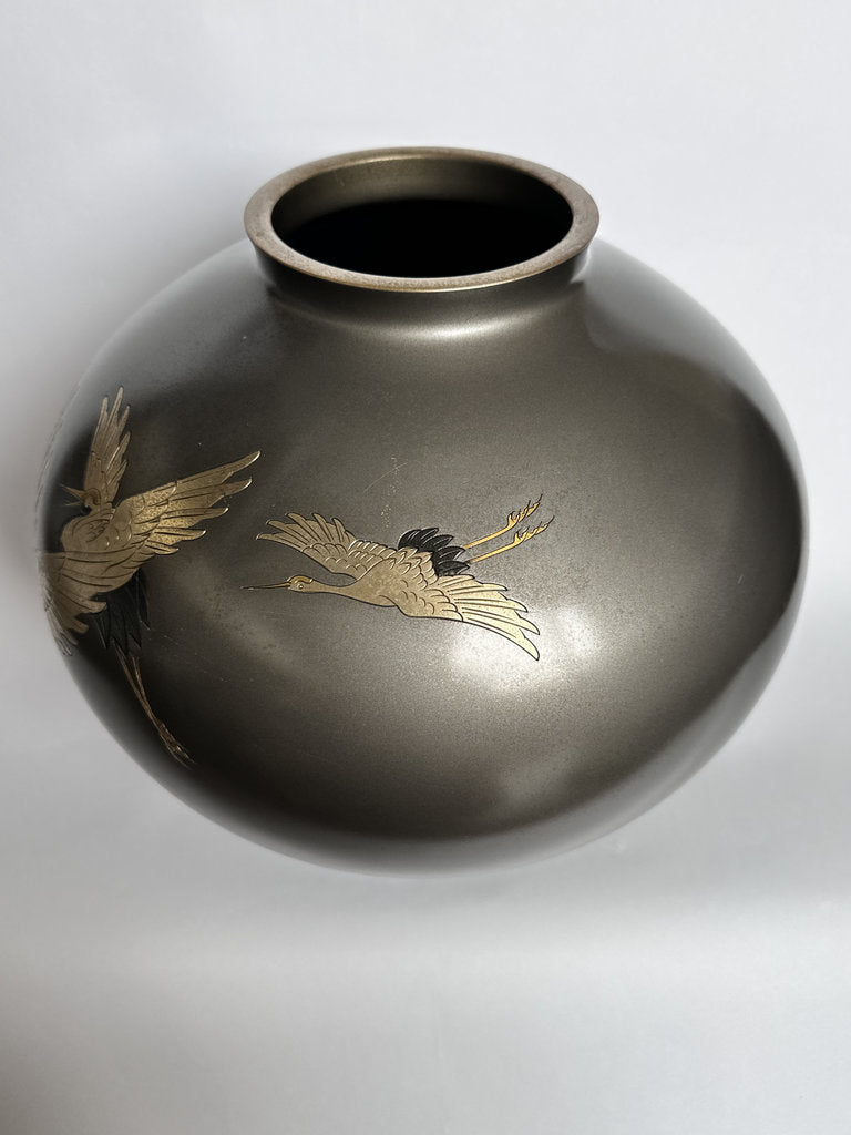 Pair Japanese Bronze Vases | Meiji–Taishō | Flying Cranes Gold Silver Zōgan