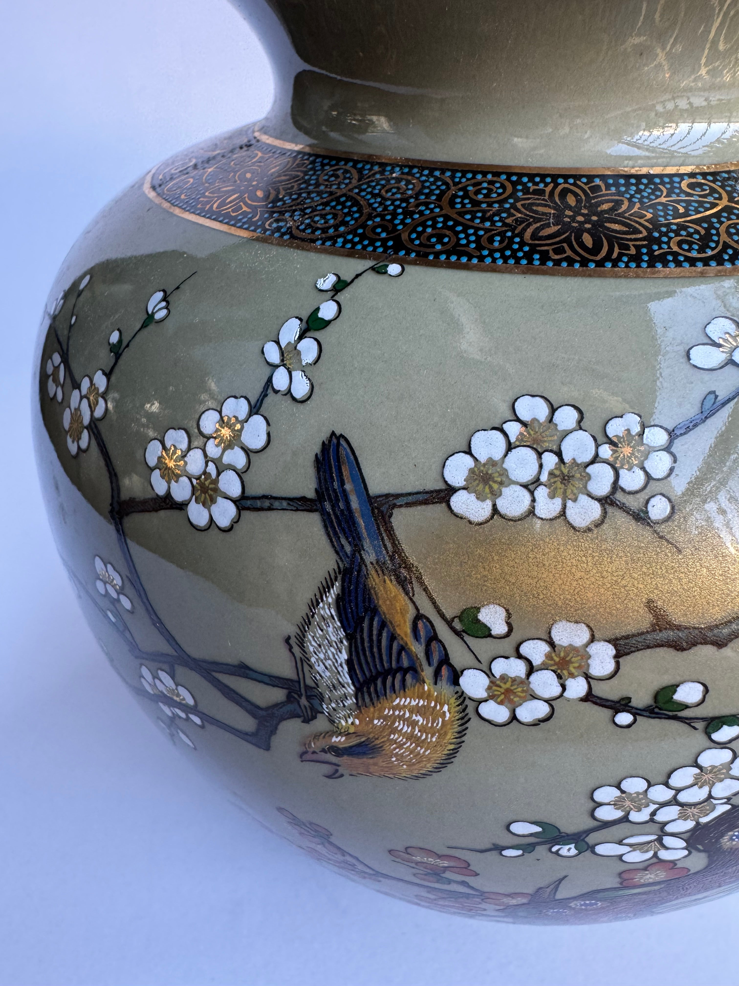 Kutani Brown Glaze Vase with White Plum Blossoms | Vintage Japanese Hand-Painted Art