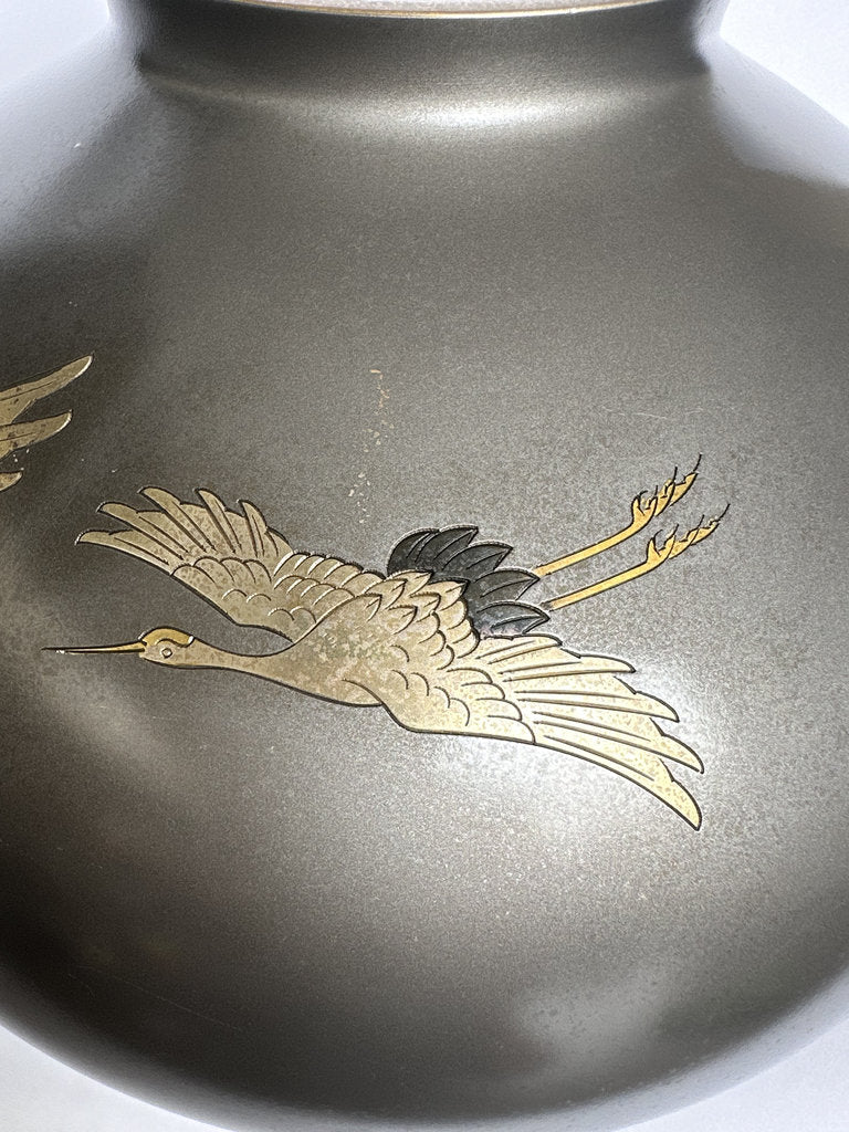 Pair Japanese Bronze Vases | Meiji–Taishō | Flying Cranes Gold Silver Zōgan