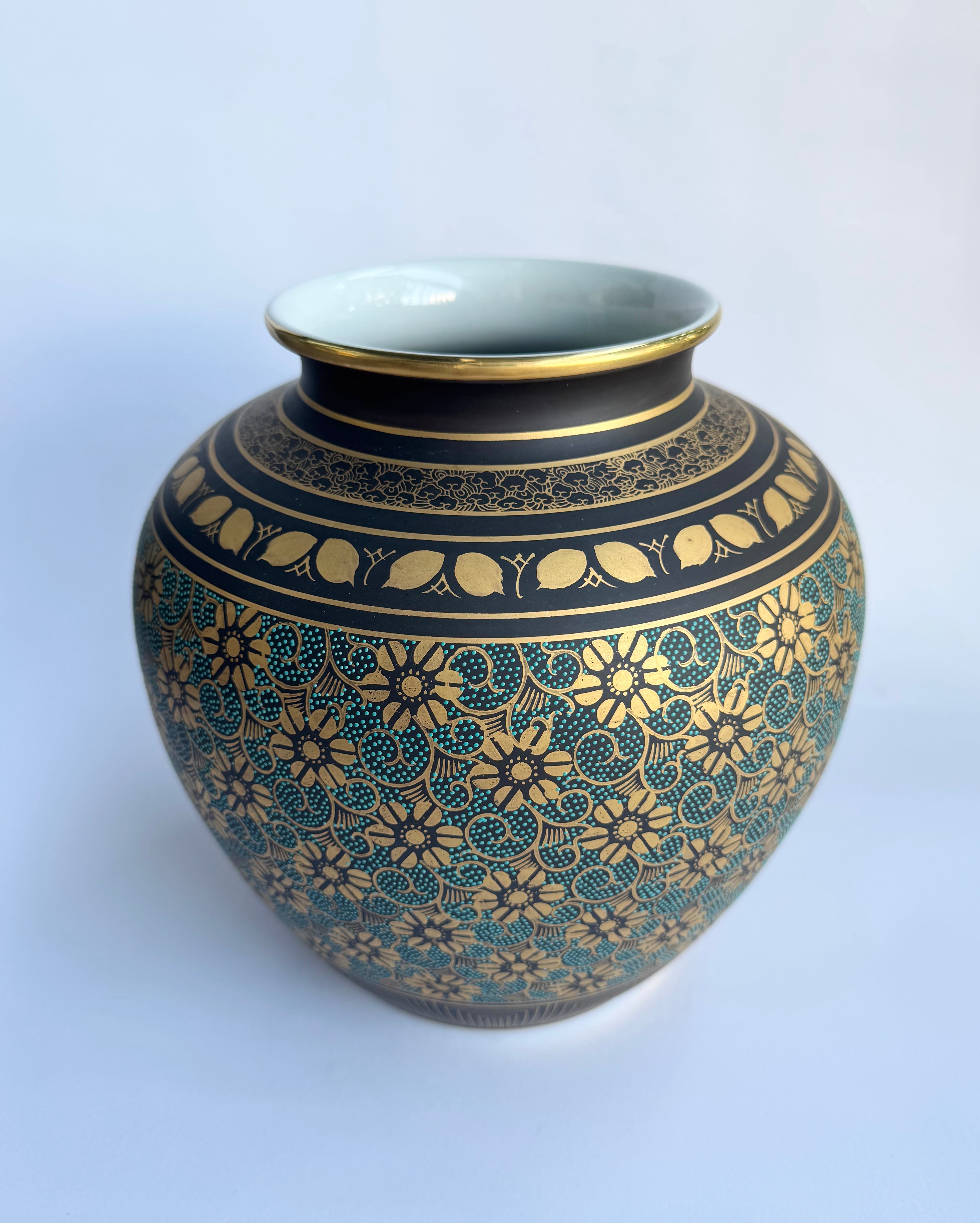 Kutani Gold-Decorated Chrysanthemum Vase - Jade Green Glaze | Vintage Japanese Art Pottery