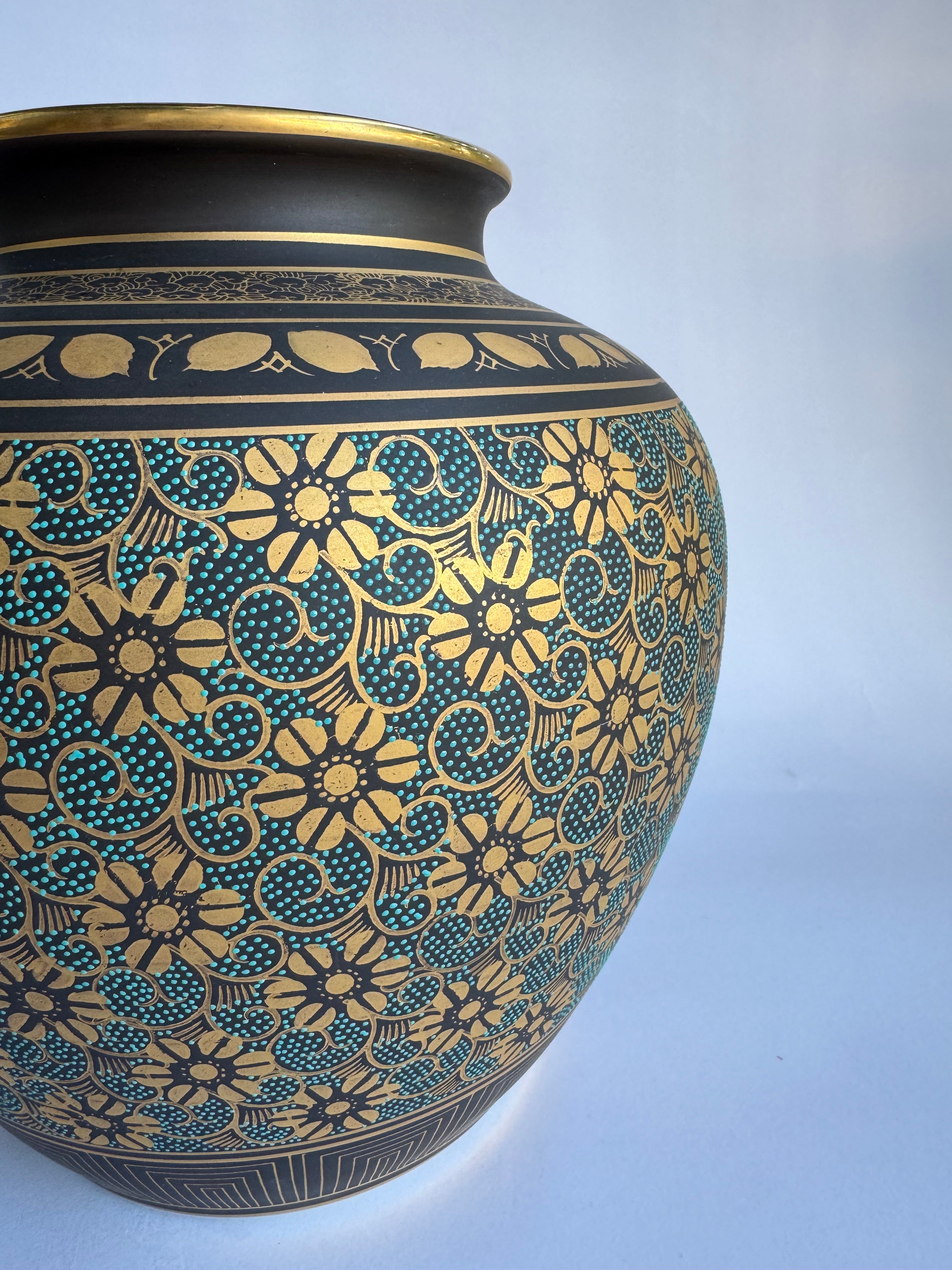 Kutani Gold-Decorated Chrysanthemum Vase - Jade Green Glaze | Vintage Japanese Art Pottery