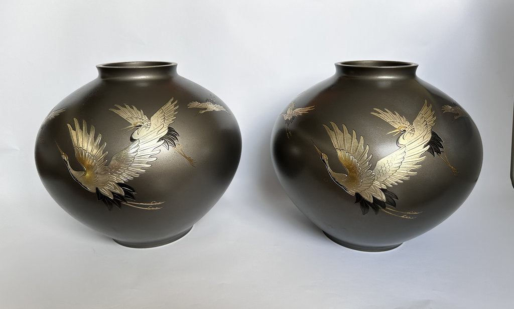Pair Japanese Bronze Vases | Meiji–Taishō | Flying Cranes Gold Silver Zōgan