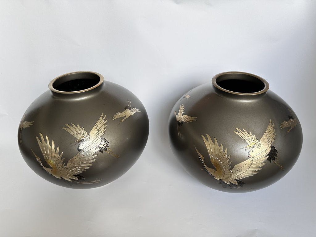 Pair Japanese Bronze Vases | Meiji–Taishō | Flying Cranes Gold Silver Zōgan