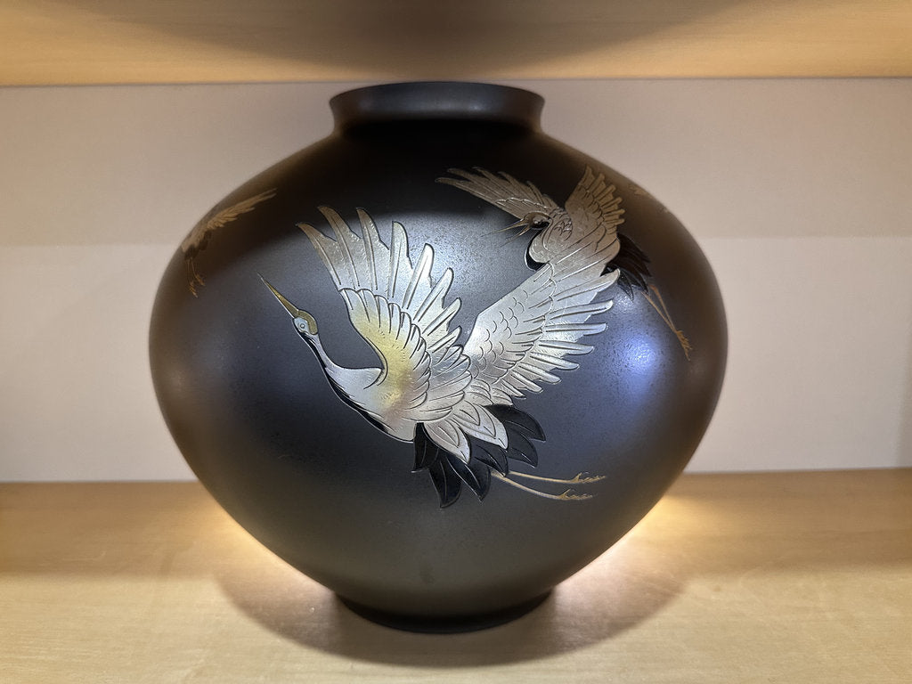 Pair Japanese Bronze Vases | Meiji–Taishō | Flying Cranes Gold Silver Zōgan