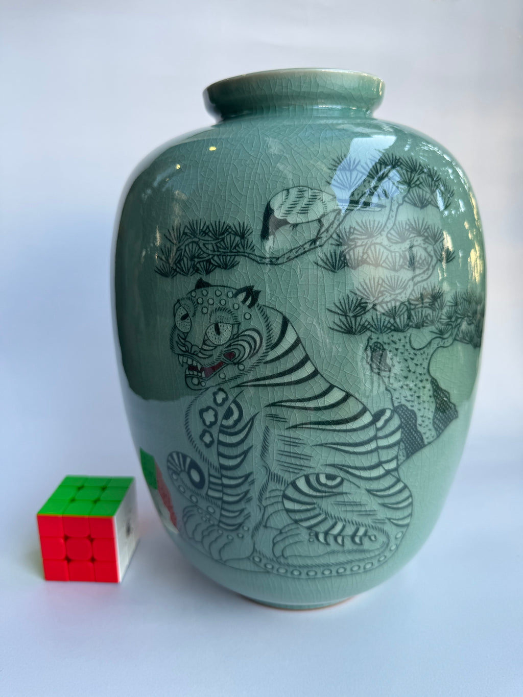 Japanese Celadon Tiger Vase. Hand-Painted Pine & Tiger Art | Green Crackle Glaze Collector Piece