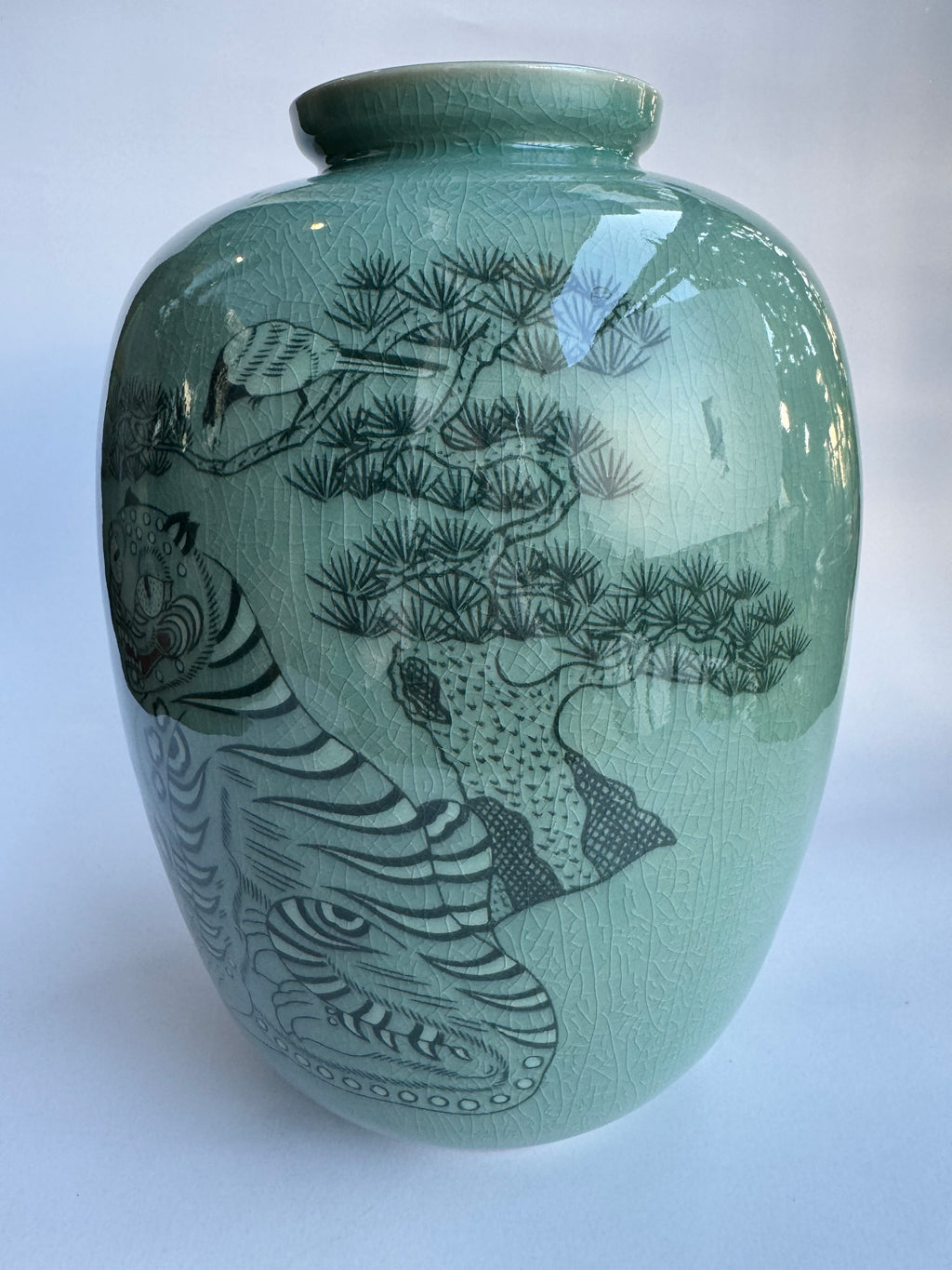 Japanese Celadon Tiger Vase. Hand-Painted Pine & Tiger Art | Green Crackle Glaze Collector Piece