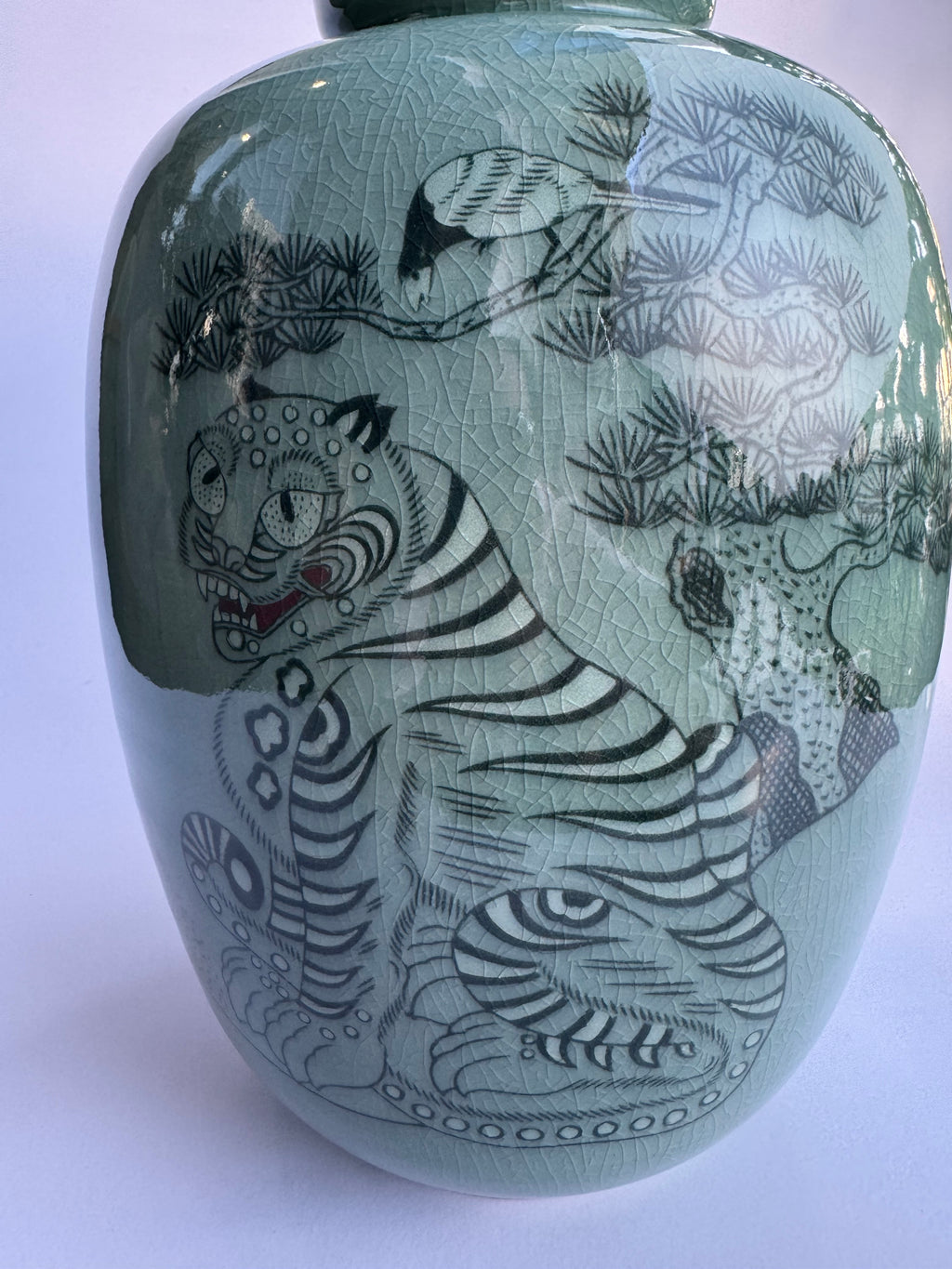Japanese Celadon Tiger Vase. Hand-Painted Pine & Tiger Art | Green Crackle Glaze Collector Piece