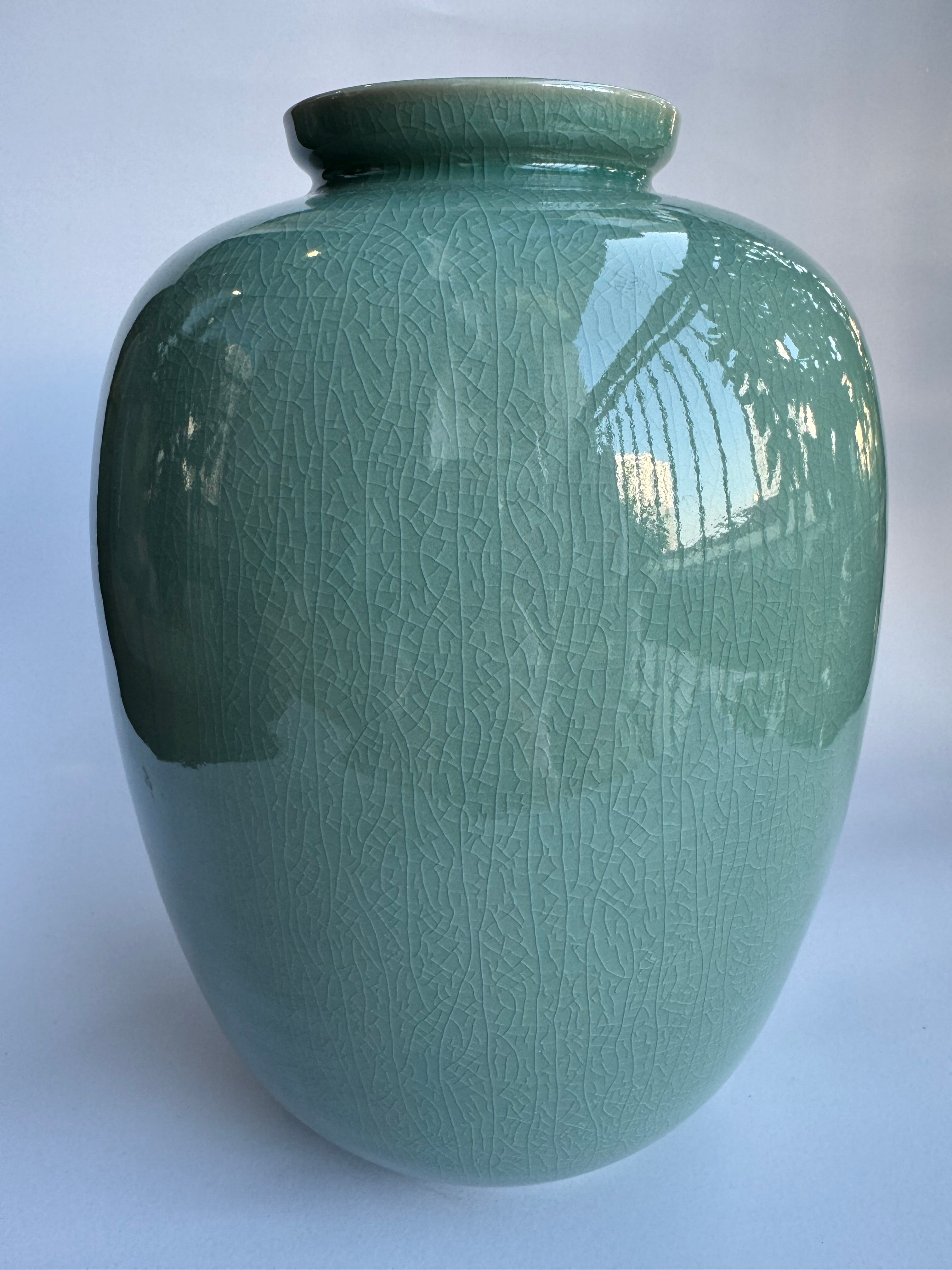 Japanese Celadon Tiger Vase. Hand-Painted Pine & Tiger Art | Green Crackle Glaze Collector Piece