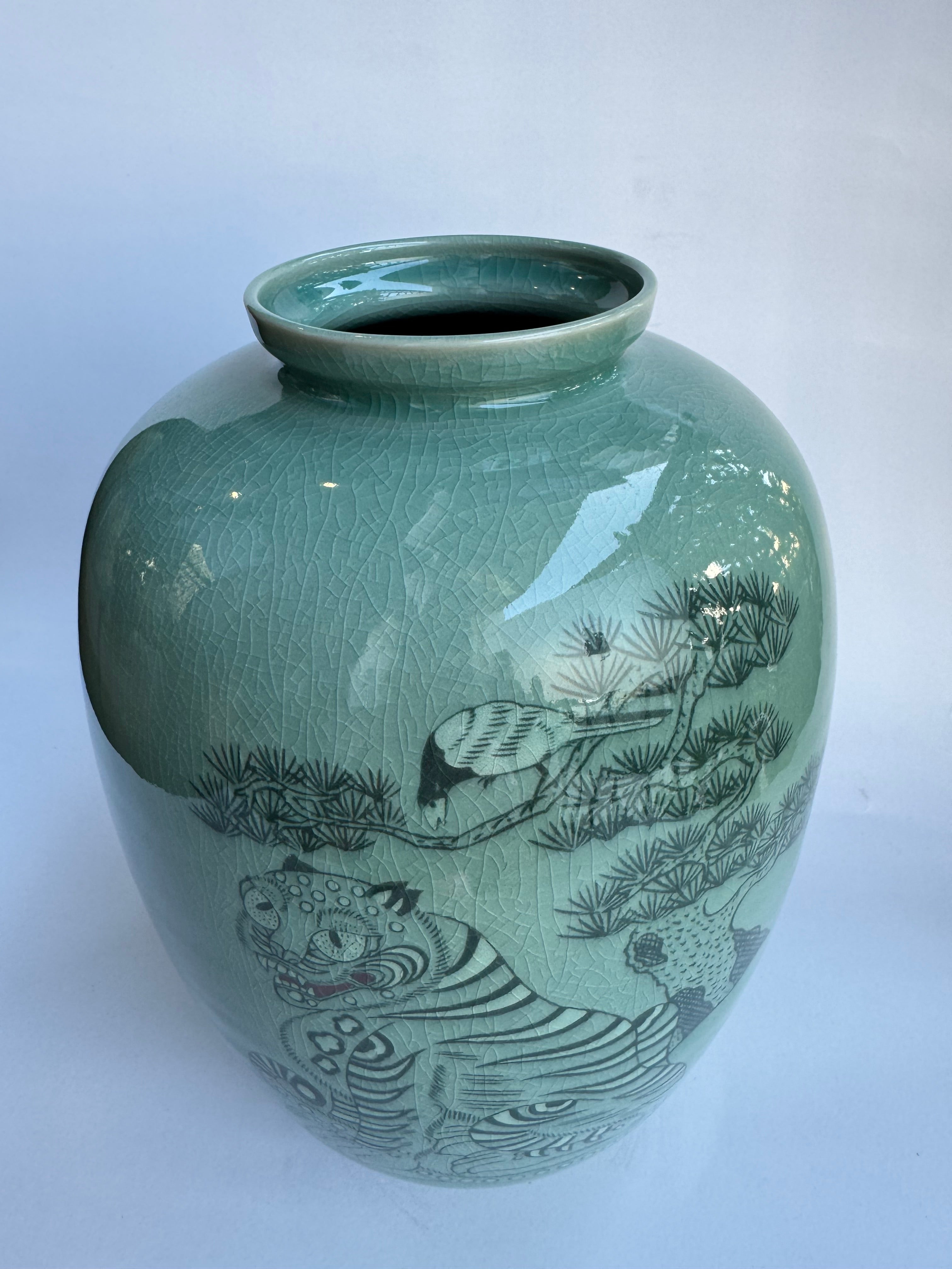 Japanese Celadon Tiger Vase. Hand-Painted Pine & Tiger Art | Green Crackle Glaze Collector Piece