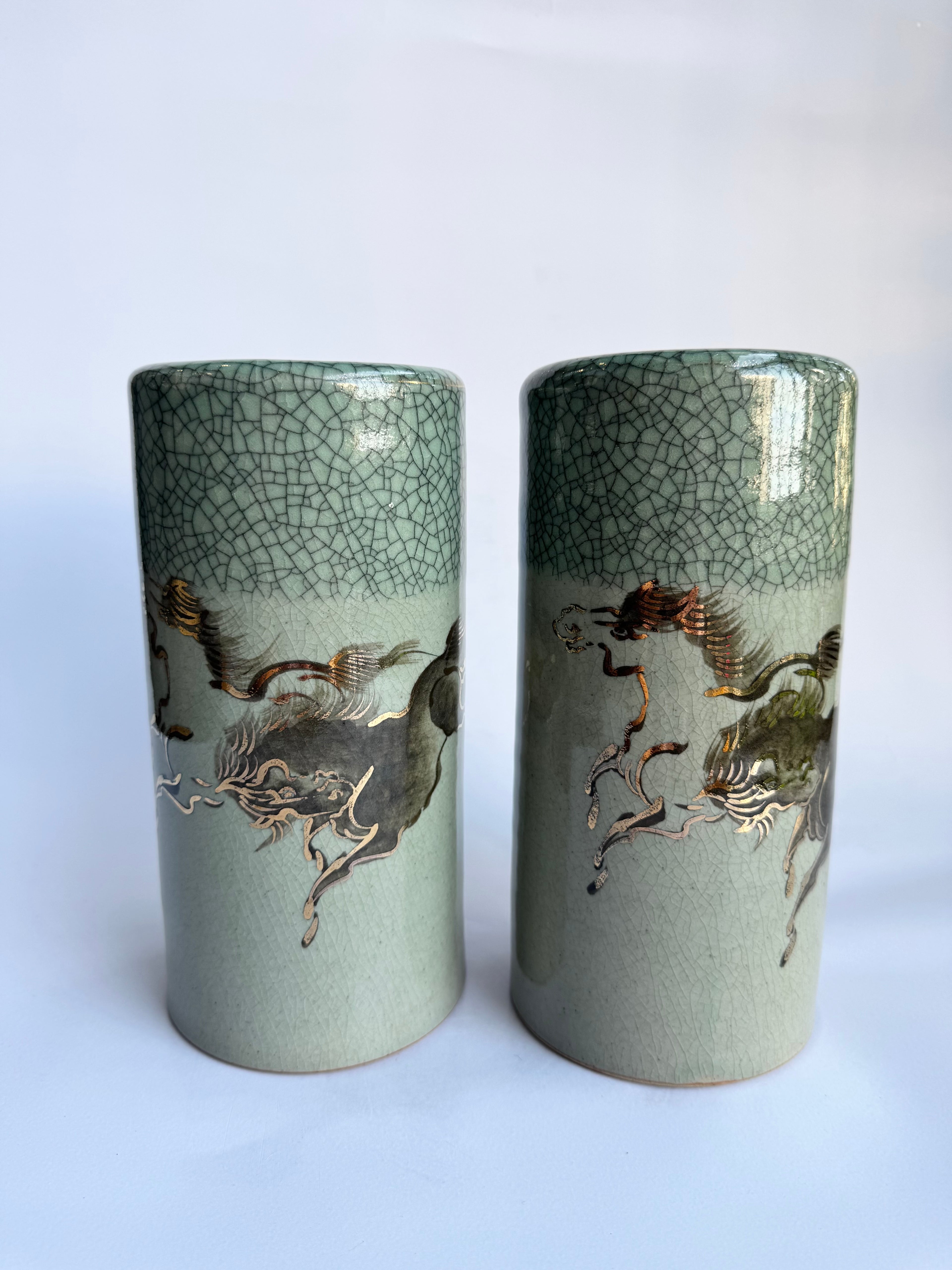 Soma-Yaki Vases- Crackle Celadon Glaze 