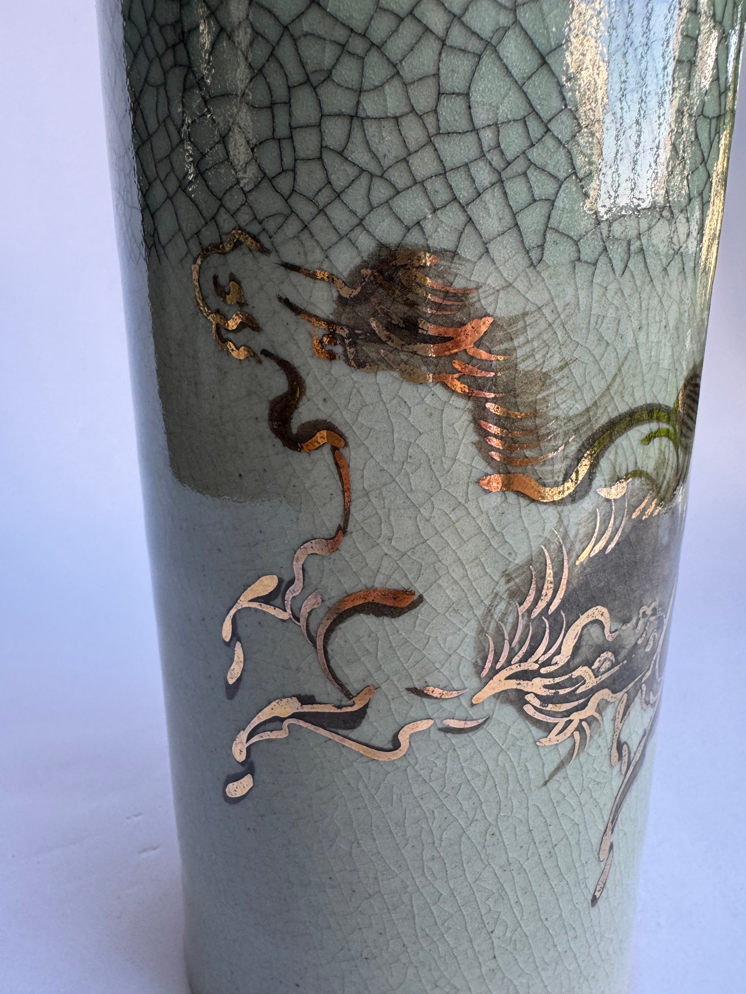 Set of 2 Vintage Soma-Yaki Vases- Crackle Celadon Glaze with Golden Running Horses | Japanese Pottery Decor