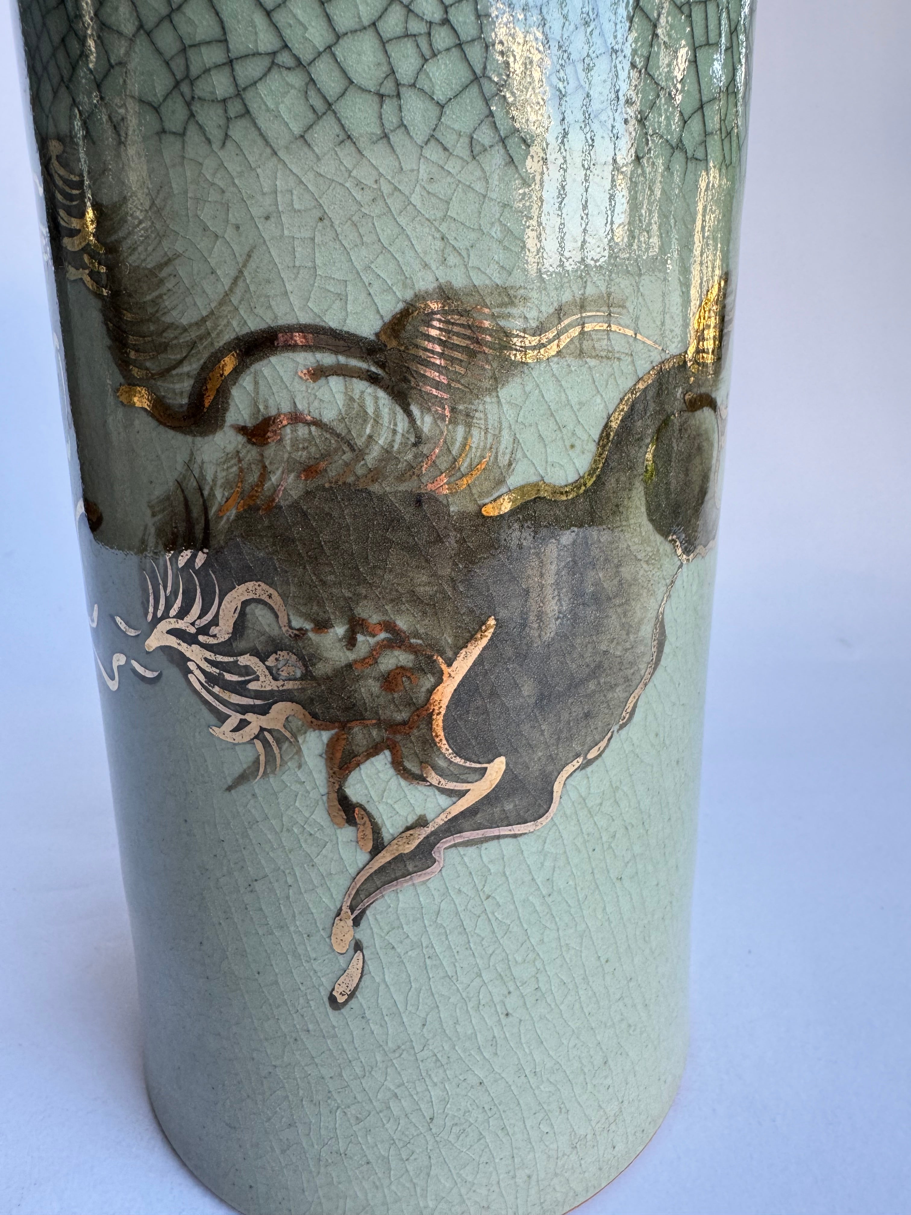 Set of 2 Vintage Soma-Yaki Vases- Crackle Celadon Glaze with Golden Running Horses | Japanese Pottery Decor